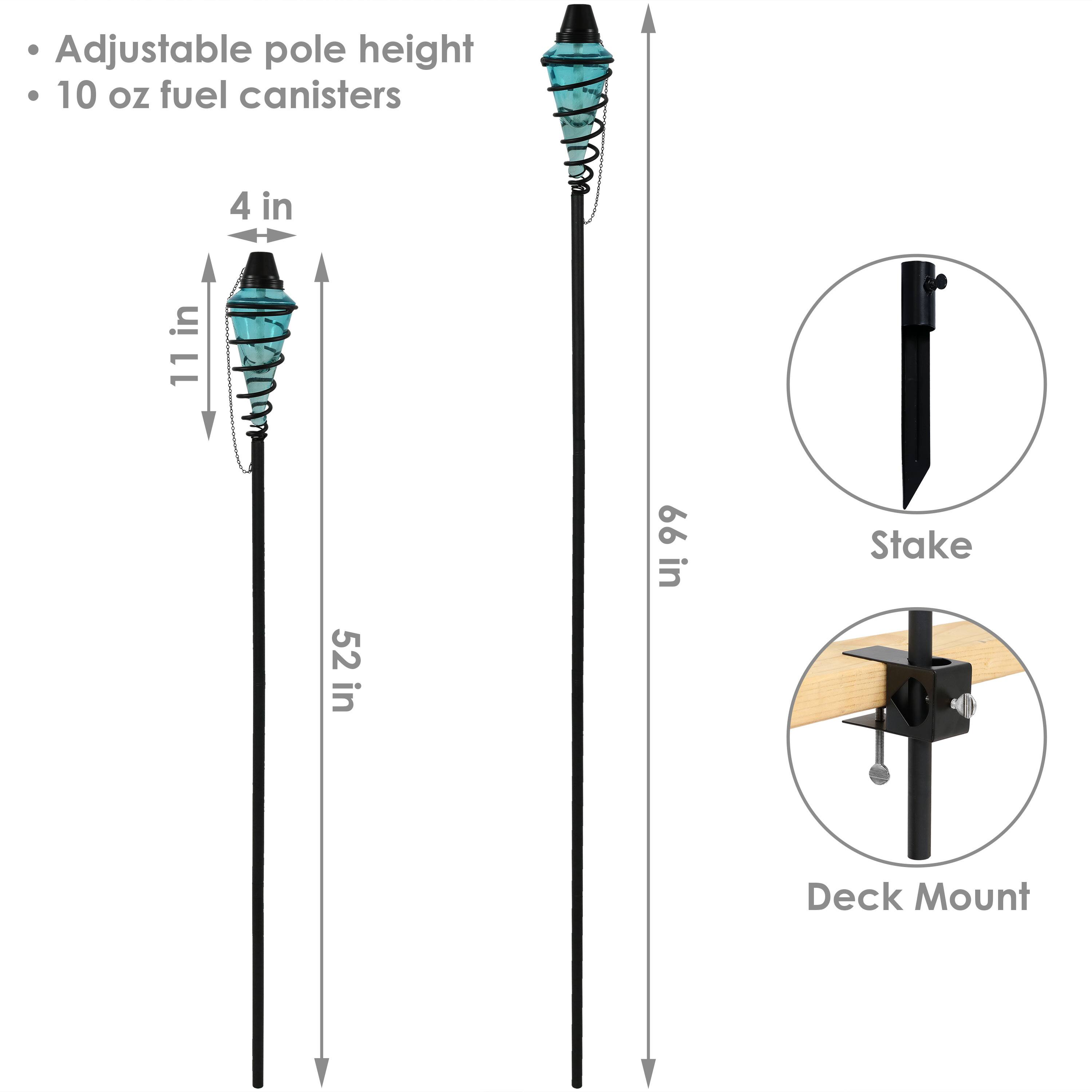 - Adjustable pole height
- 10 oz fuel canisters
- 4 in
- 11 in
- 52 in
- 66 in
- Stake
- Deck Mount