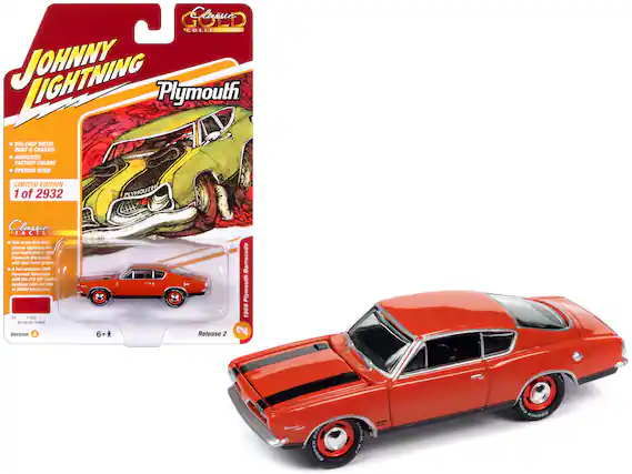 **Classia Collection**
**Johnny Lightning Plymouth**
- DIE-CAST METAL BODY & CHASSIS
- AUTHENTIC FACTORY COLORS
- OPENING HOOD
**LIMITED EDITION 1 of 2932**
**Classic Facts**
This is the first time Johnny Lightning has ever replicated a 1959 Plymouth Barracuda with dual hood stripes. A full-optioned 1959 Barracuda with the A13 400 Cuda package cost just shy of $4000 brand new.
**Version A**
**Release 2**
**6+**
**1959 Plymouth Barracuda**
**Barracuda Orange**