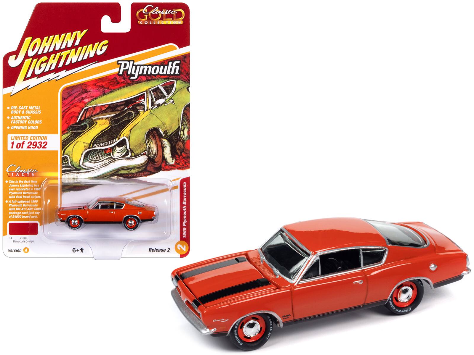 **Classia Collection**

**Johnny Lightning Plymouth**

- DIE-CAST METAL BODY & CHASSIS
- AUTHENTIC FACTORY COLORS
- OPENING HOOD

**LIMITED EDITION 1 of 2932**

**Classic Facts**

This is the first time Johnny Lightning has ever replicated a 1959 Plymouth Barracuda with dual hood stripes. A full-optioned 1959 Barracuda with the A13 400 Cuda package cost just shy of $4000 brand new.

**Version A**

**Release 2**

**6+**

**1959 Plymouth Barracuda**

**Barracuda Orange**