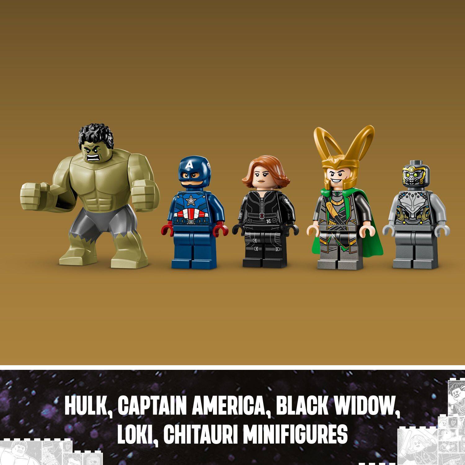 A E HULK, CAPTAIN AMERICA, BLACK WIDOW, LOKI, CHITAURI MINIFIGURES