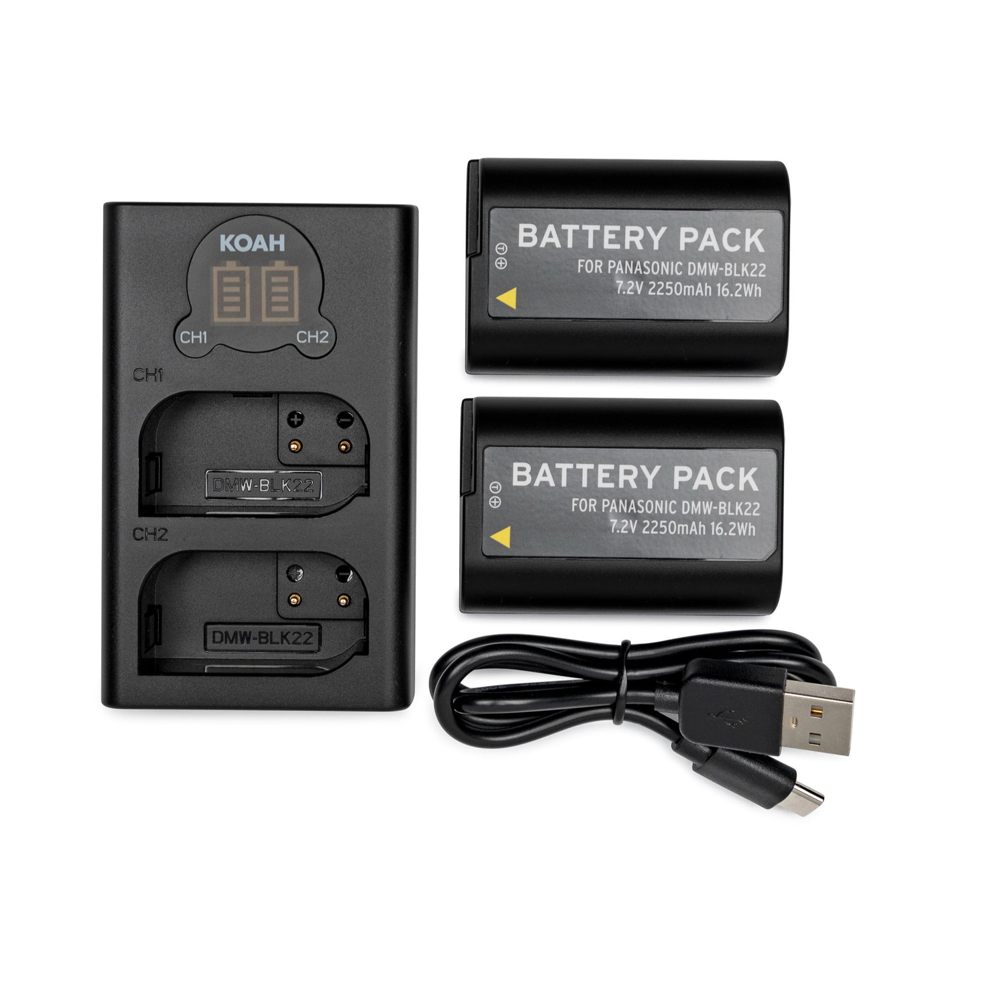 Koah - 2-Pack 2250mAh Batteries and Dual USB-C LCD Charger for Panasonic DMW-BLK22