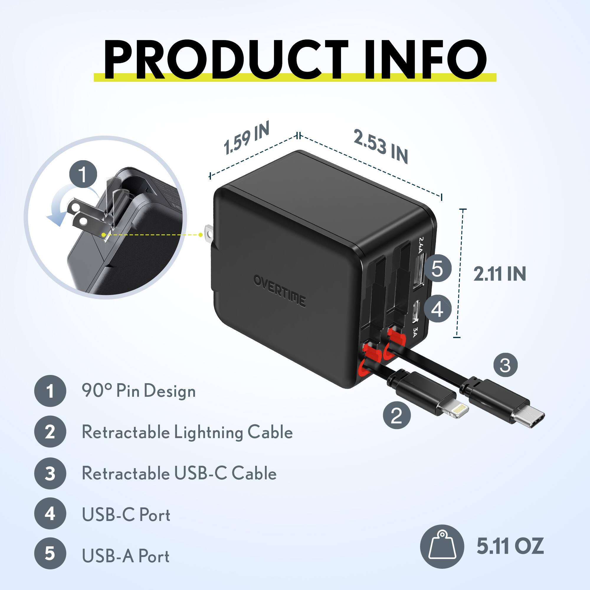PRODUCT INFO

1. 90° Pin Design
2. Retractable Lightning Cable
3. Retractable USB-C Cable
4. USB-C Port
5. USB-A Port

Dimensions:
- 1.59 IN
- 2.53 IN
- 2.11 IN

Weight: 5.11 OZ