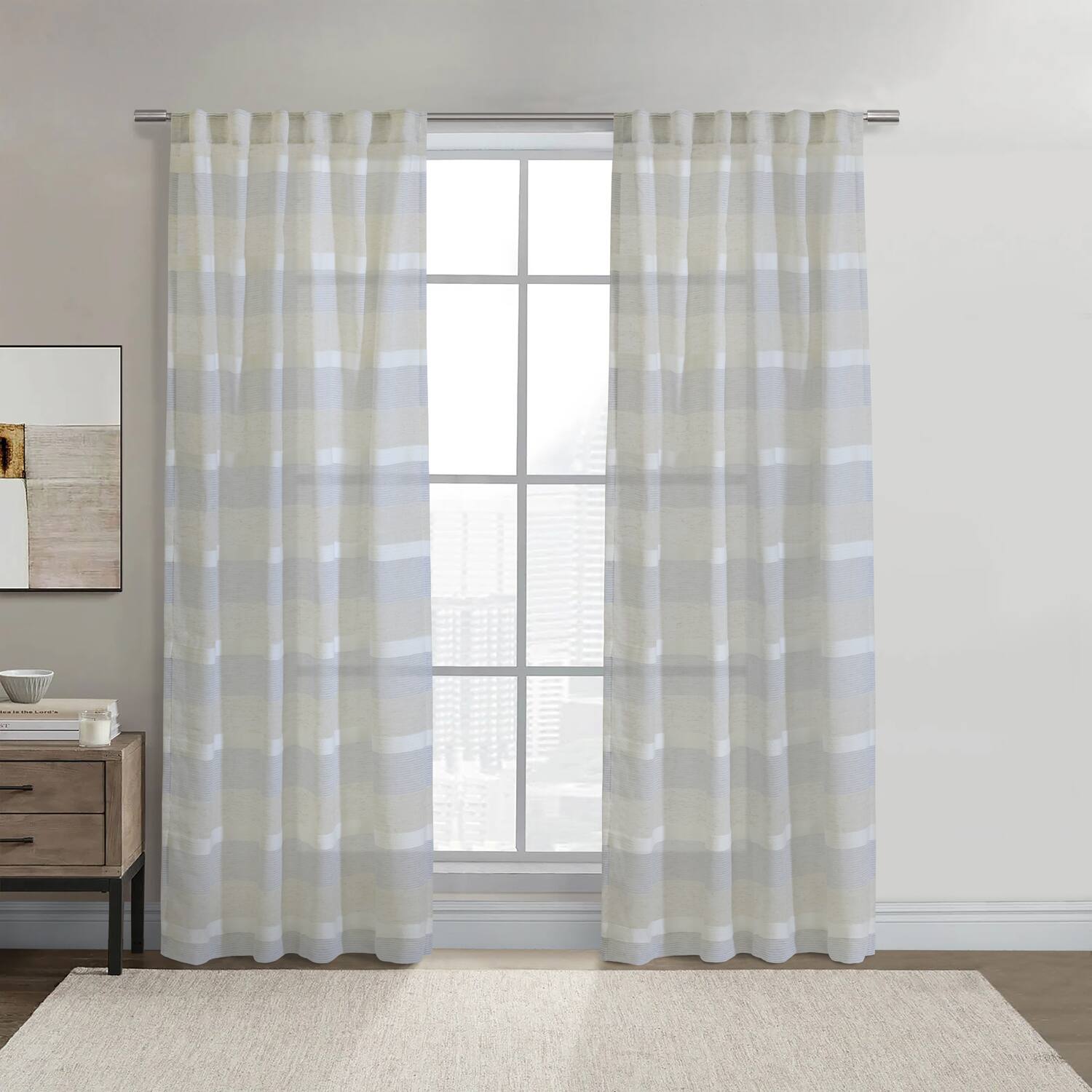 Angle. Commonwealth Home Fashions - Habitat 100% Polyester Nathan Stripe Sheer Faux Linen Dual Header Curtain Panel 52" x 63" Blue - Blue.