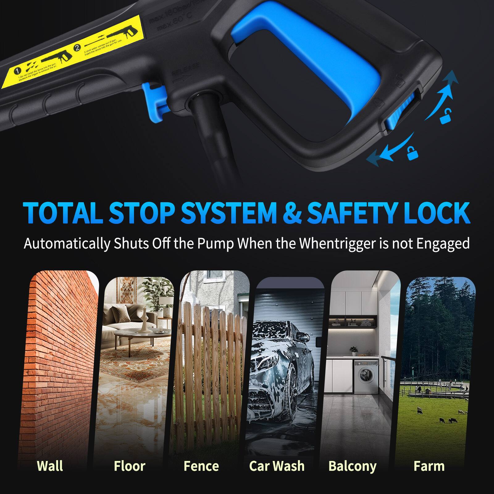max.160ber/i mex.8o - 1 FASE TOTAL STOP SYSTEM & SAFETY LOCK Automatically Shuts Off the Pump When the Whentrigger is not Engaged Wall Floor Fence Car Wash Balcony Farm