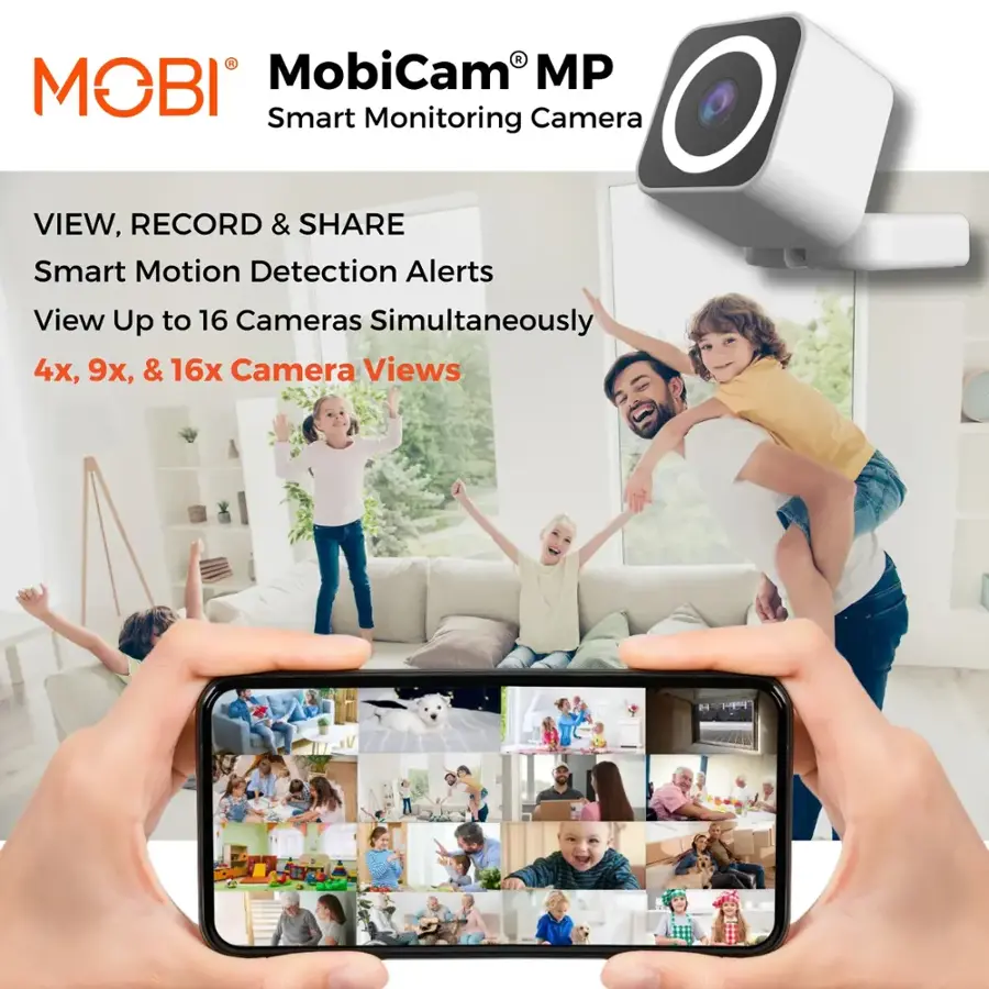 Krobi MobiCam MP Smart Monitoring Camera: View, Record & Share Smart Motion Detection Alerts. View Up to 16 Cameras Simultaneously. 4x, 9x, & 16x Camera Views.