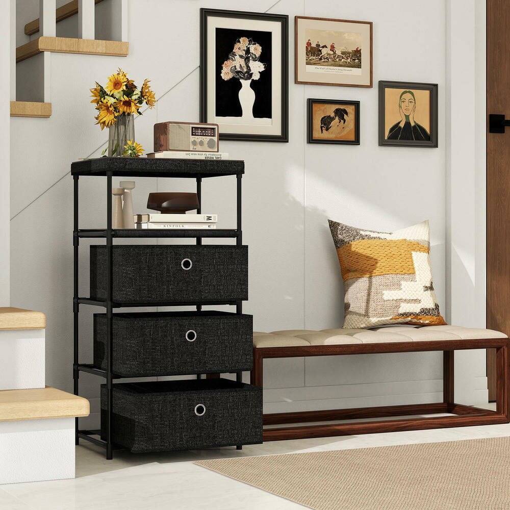 Alt View 1. Kadyn - 3-Drawer Fabric Storage Tower - Wood Top + Sturdy Metal Frame, Compact Dresser for Space-Saving Storage - Black.