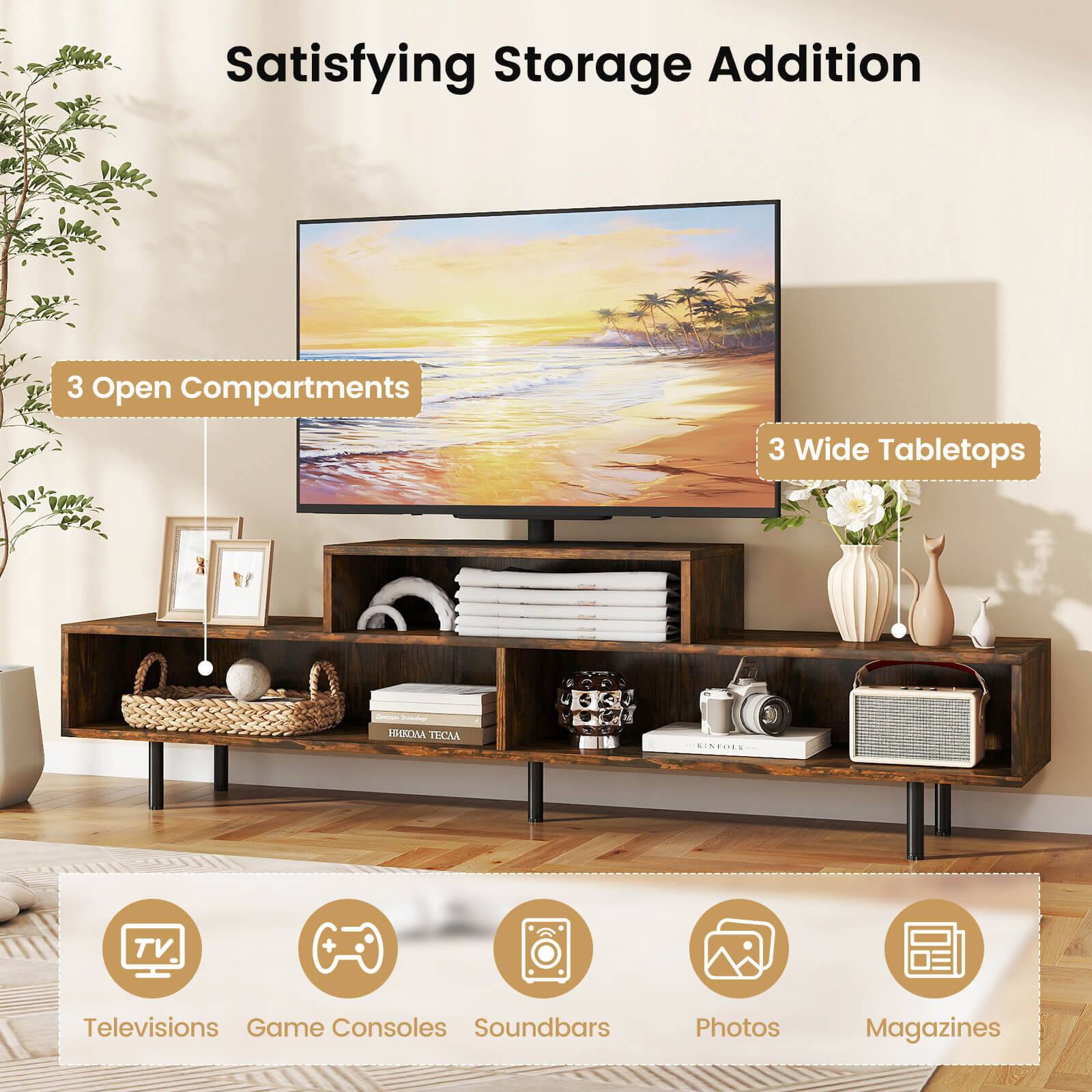 Satisfying Storage Addition  
3 Open Compartments  
3 Wide Tabletops  

TECAA SINEIES TV + Televisions Game Consoles Soundbars Photos Magazines