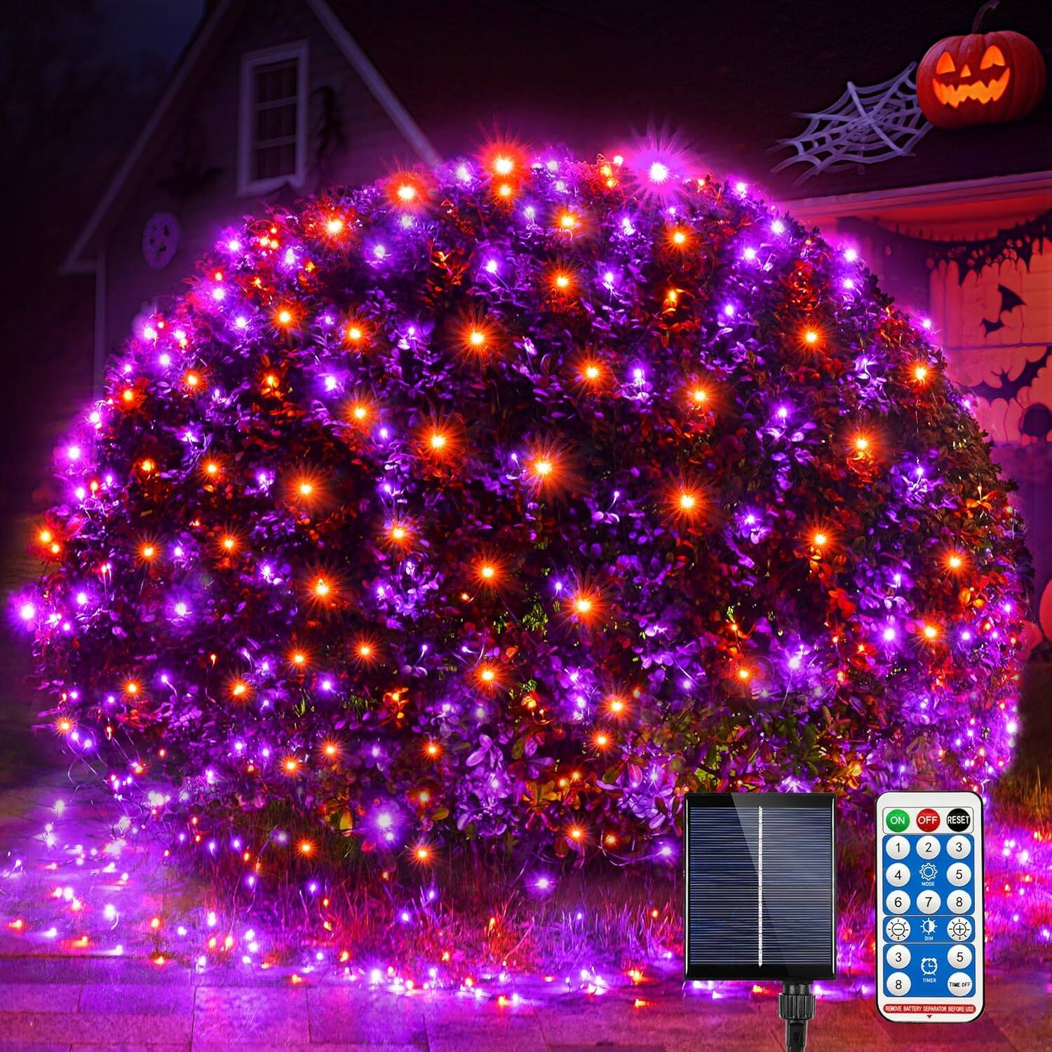 Front. Schertz - 200LED Solar Halloween Net Lights, Orange & Purple, 8 Modes, Waterproof, Remote.