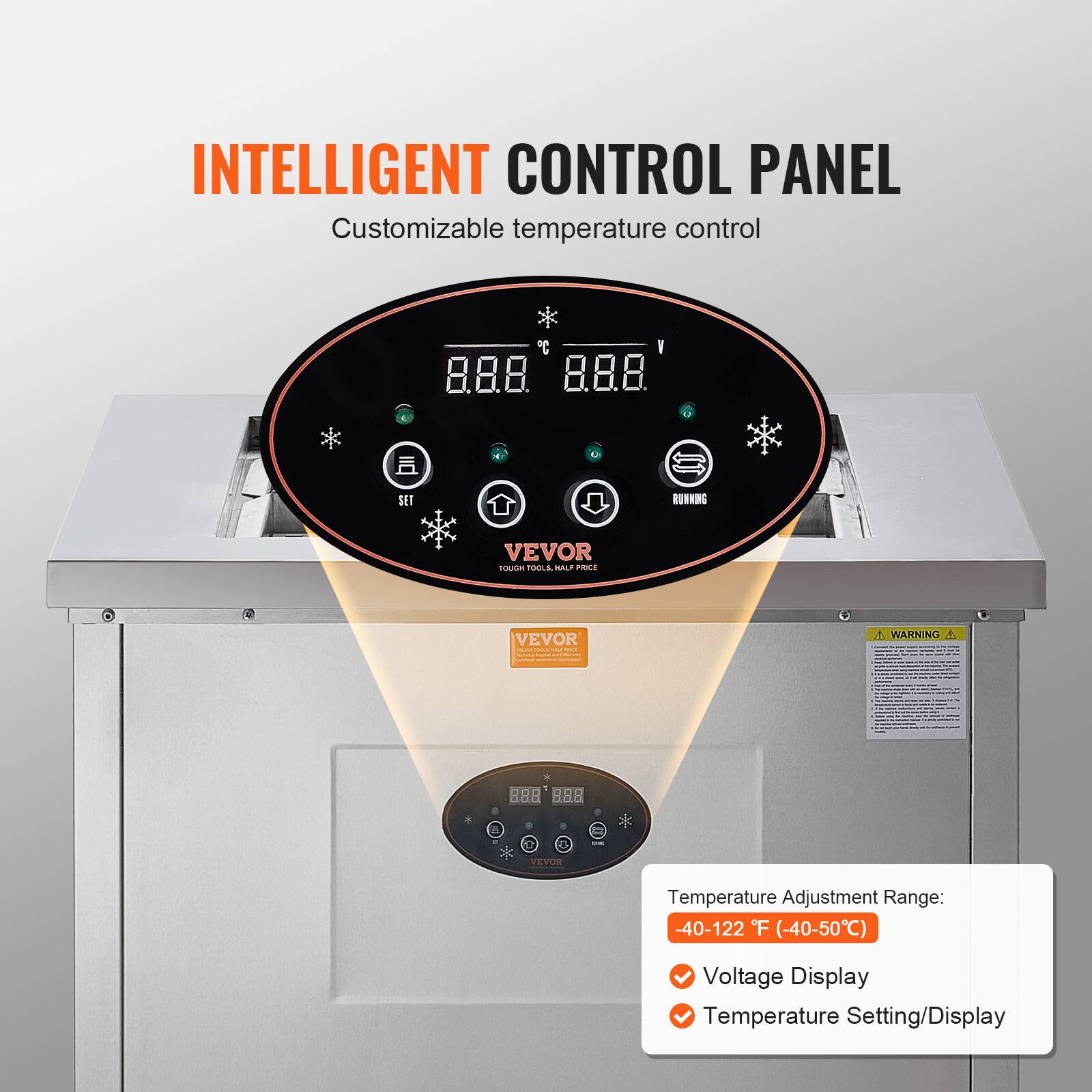 INTELLIGENT CONTROL PANEL  
Customizable temperature control  

Temperature Adjustment Range:  
-40-122°F (-40-50°C)  

Voltage Display  
Temperature Setting/Display