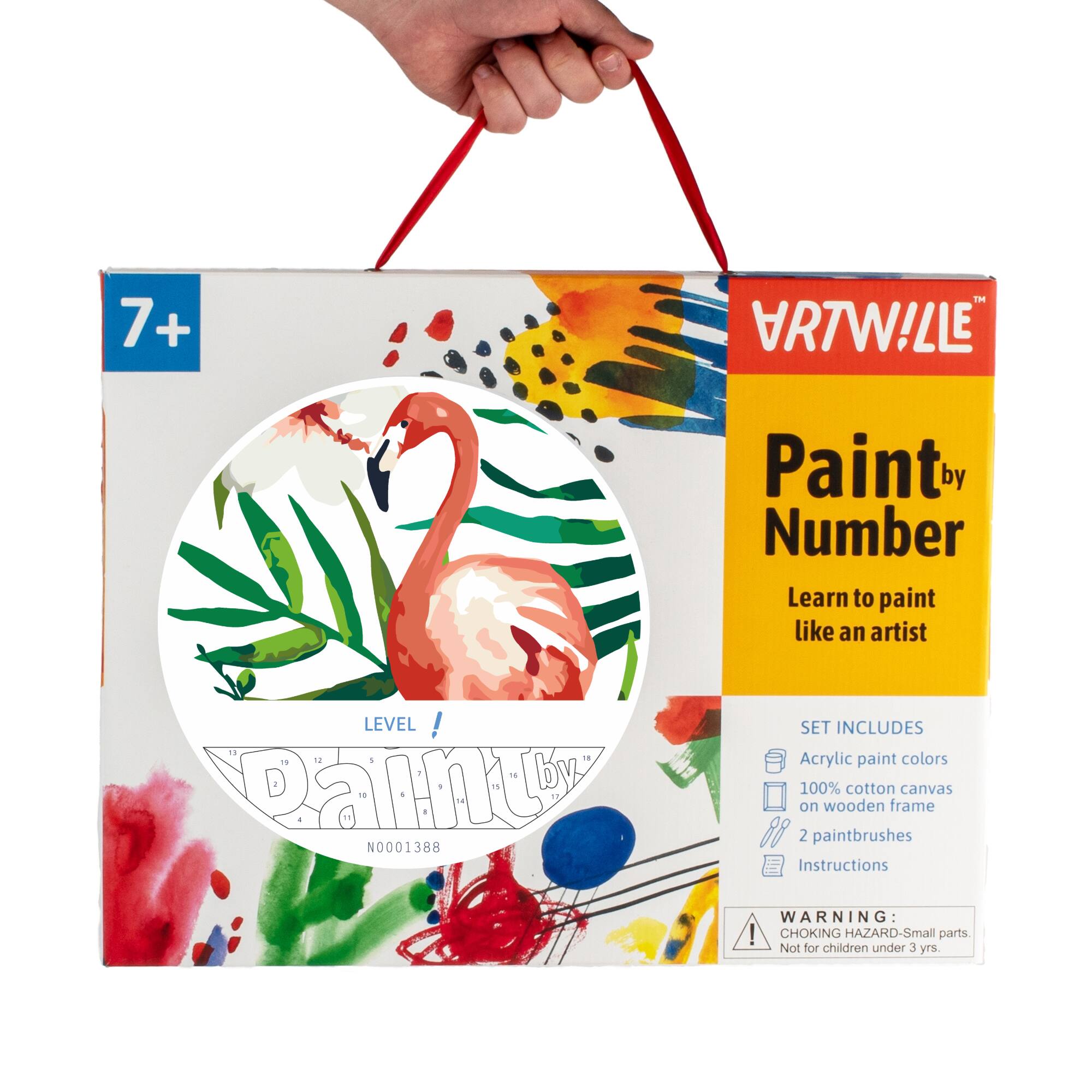 7+ + TM Paint by Number Learn to paint like an artist LEVEL ! L -. Palint N0001388 SET INCLUDES Acrylic paint colors 100% cotton canvas on wooden frame 88 2 paintbrushes Instructions WARNING: ! CHOKING HAZARD-Small parts. Not for children under  rs