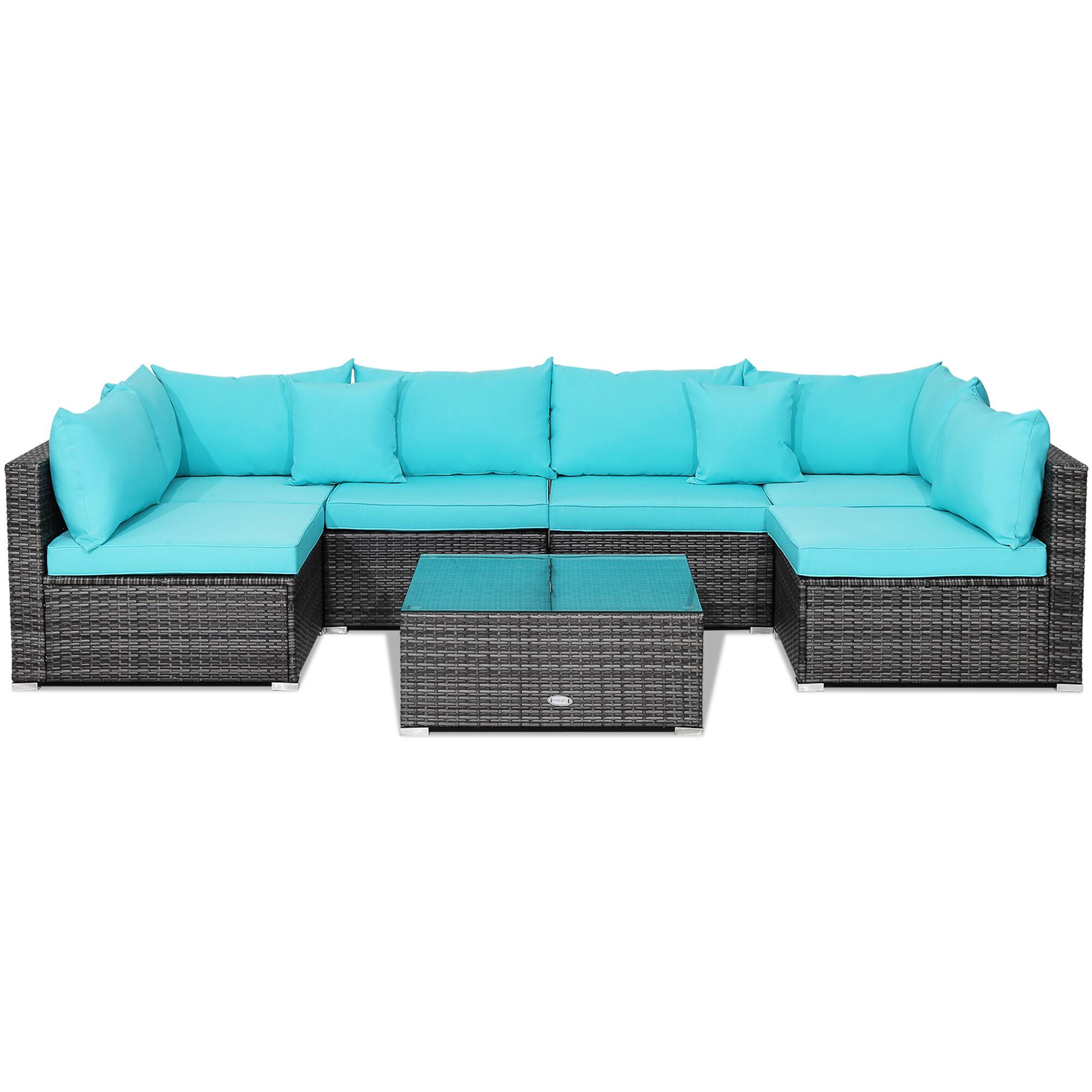 Alt View 1. Gymax - Gymax 7PCS Patio Rattan Sectional Sofa Set Outdoor Furniture Set w/ Turquoise Cushions - Turquoise.