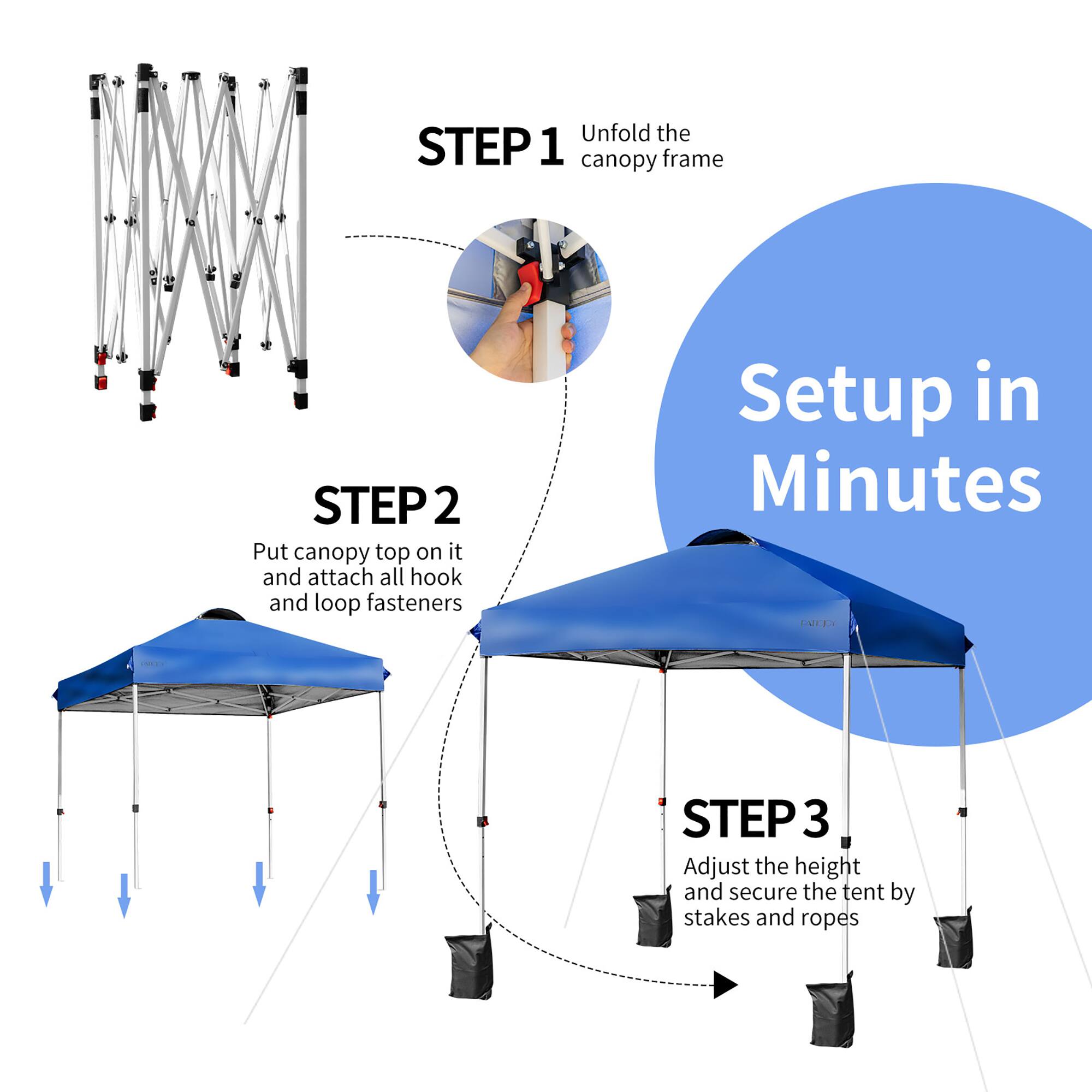 1. Unfold the canopy frame

2. Put canopy top on it and attach all hook and loop fasteners

3. Adjust the height and secure the tent by stakes and ropes

Setup in Minutes