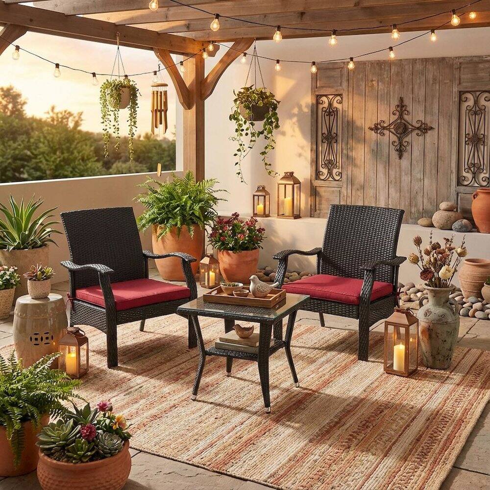Front. Outdoor Escape - Black Wicker Patio Set with Table and 2 Chairs - Durable Outdoor Seating - Brown.