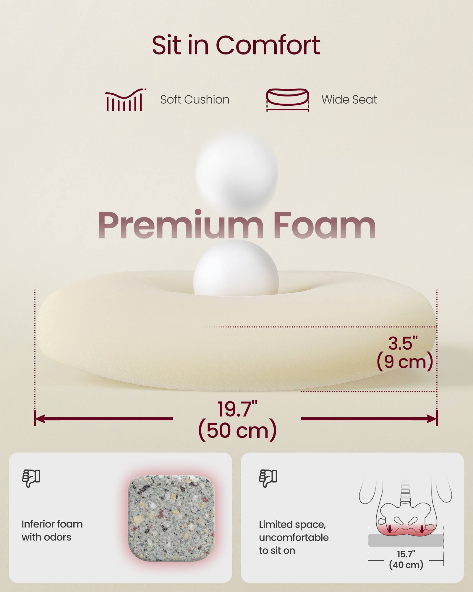 Sit in Comfort  
Soft Cushion  
Wide Seat  
Premium Foam  

3.5" (9 cm)  
19.7" (50 cm)  

Inferior foam with odors  
Limited space, uncomfortable to sit on  
15.7" (40 cm)