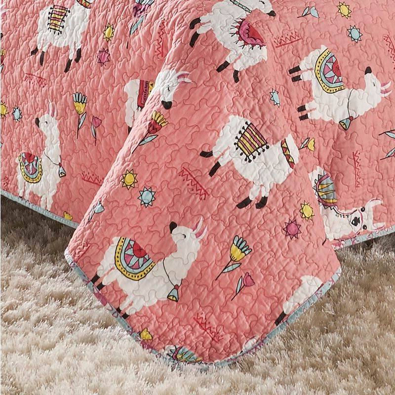 Left. Hivvago - Twin/Twin XL Pink Blue Reversible Floral Llama Cotton Quilt Set - Pink Blue.
