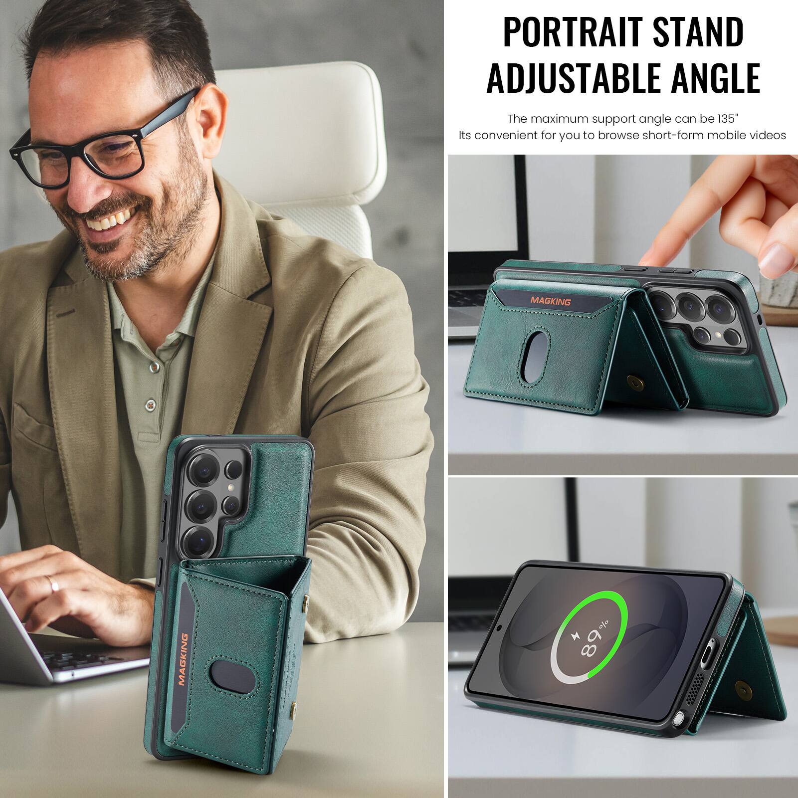 PORTRAIT STAND ADJUSTABLE ANGLE  
The maximum support angle can be 135°  
Its convenient for you to browse short-form mobile videos