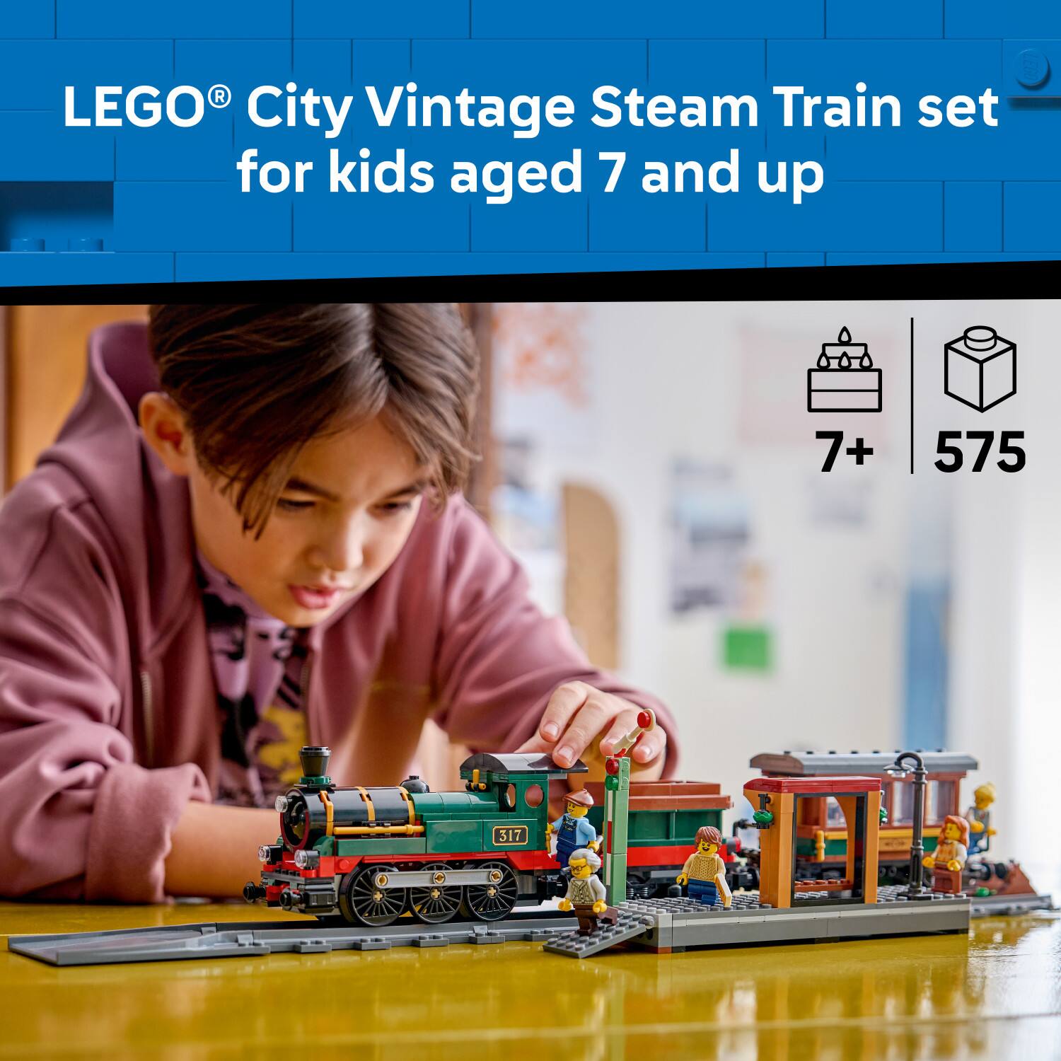 LEGO® City Vintage Steam Train set for kids aged 7 and up  
7+  
575
