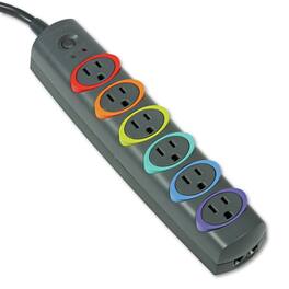 Kensington - K62147NA 7 ft. Cord 945 J SmartSockets Color-Coded Strip Surge Protector, 6 AC Outlets - Black