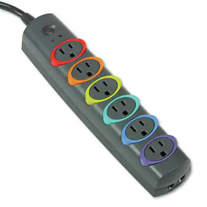 Front. Kensington - Kensington K62147NA 7 ft. Cord 945 J SmartSockets Color-Coded Strip Surge Protector, 6 AC Outlets - Black - Black.