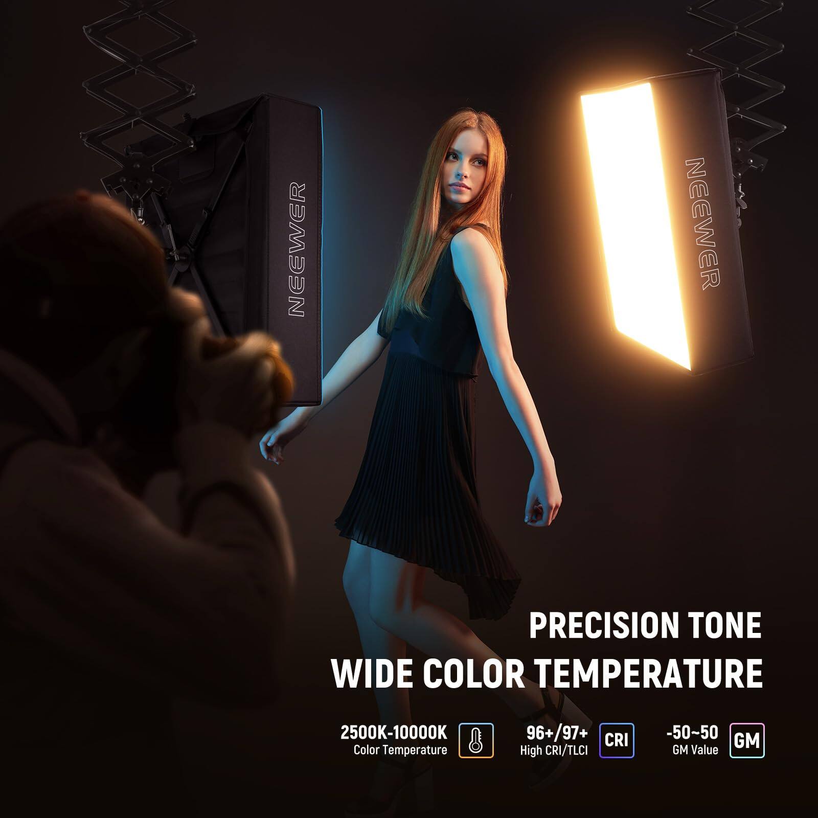 NEEWER PRECISION TONE WIDE COLOR TEMPERATURE 2500K-10000K  
Color Temperature 96+/97+ CRI  
High CRI/TLCI  
-50-50 GM  
GM Value
