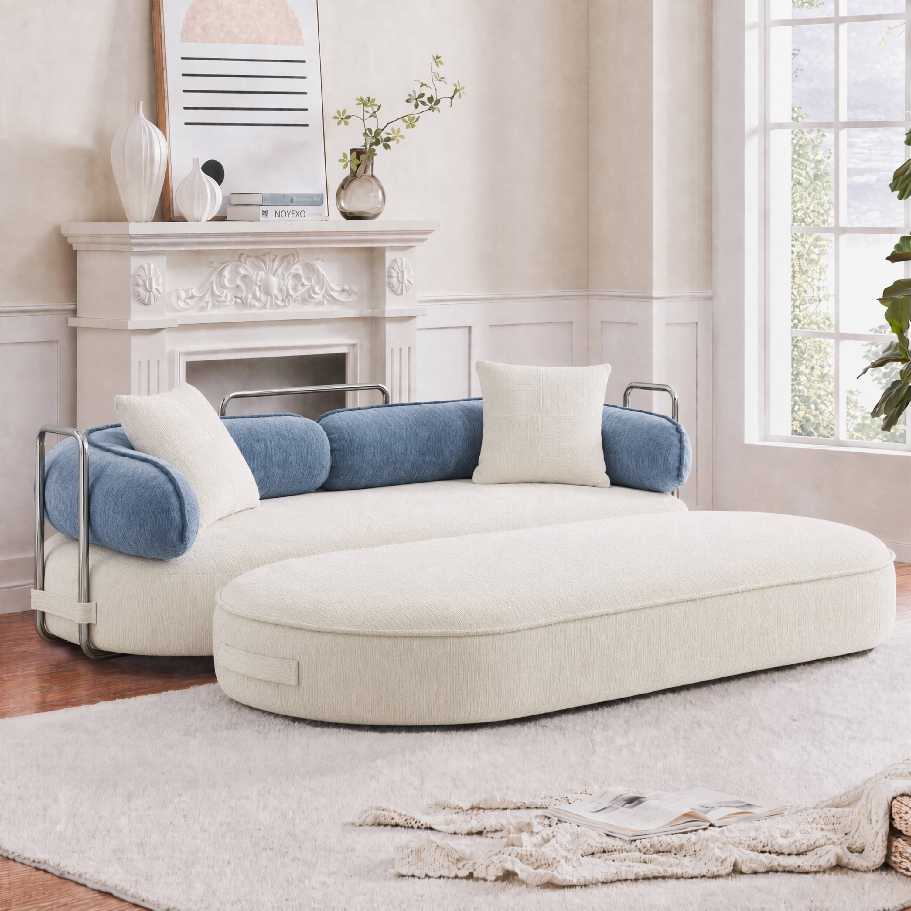 Left. Vipbear - Curved Loveseat with 4 Pillows, Modern Boneless Couch, Convertible Sleeper Sofa Bed - white/blue.