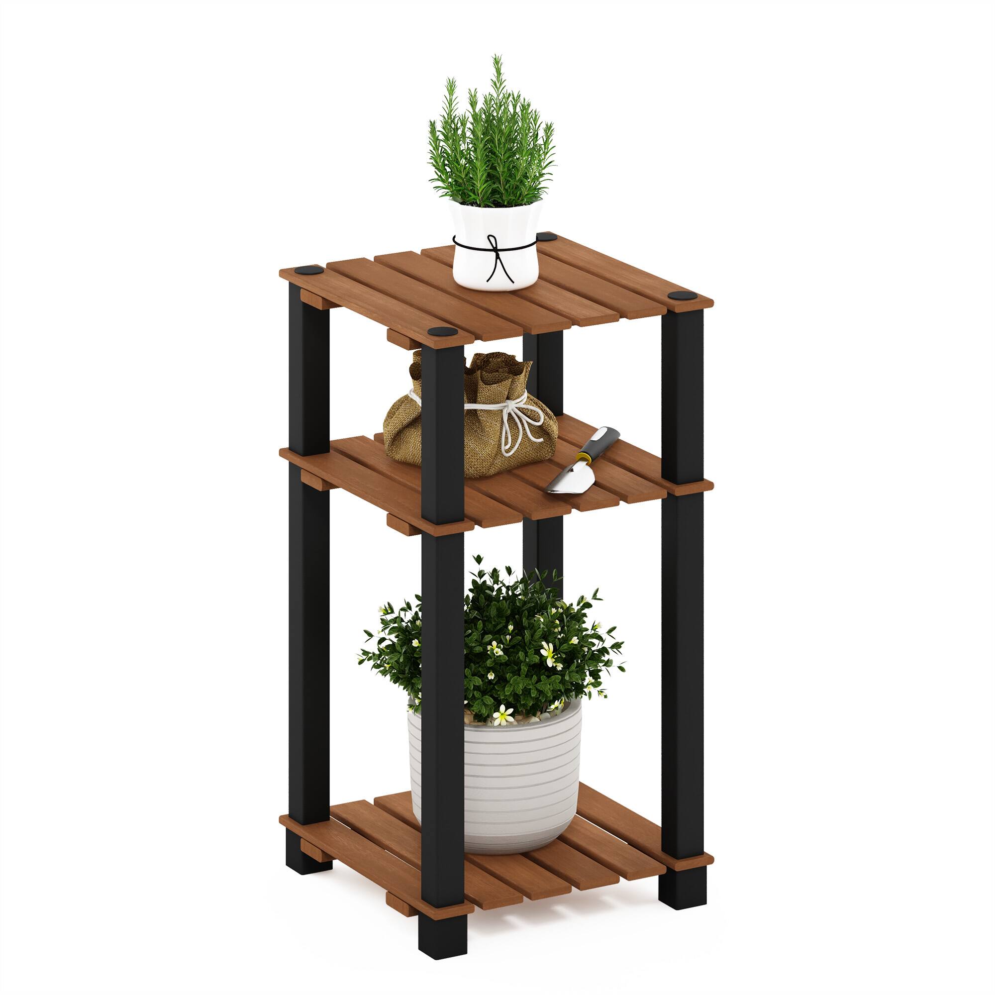 Alt View 3. Furinno - Pangkor 3-Tier Turn-N-Tube Indoor Outdoor Plant Shelf Wood Side Table with Square Poles - Natural/Black.