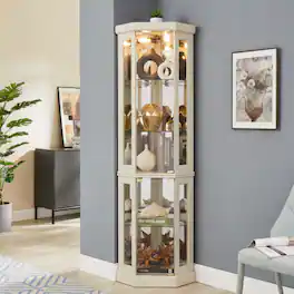 LUCKY ONE - 15.31in Freestanding Corner Curio Cabinet with Glass Shelves LED Light Display for Wine Bar Collectibles - Antique White