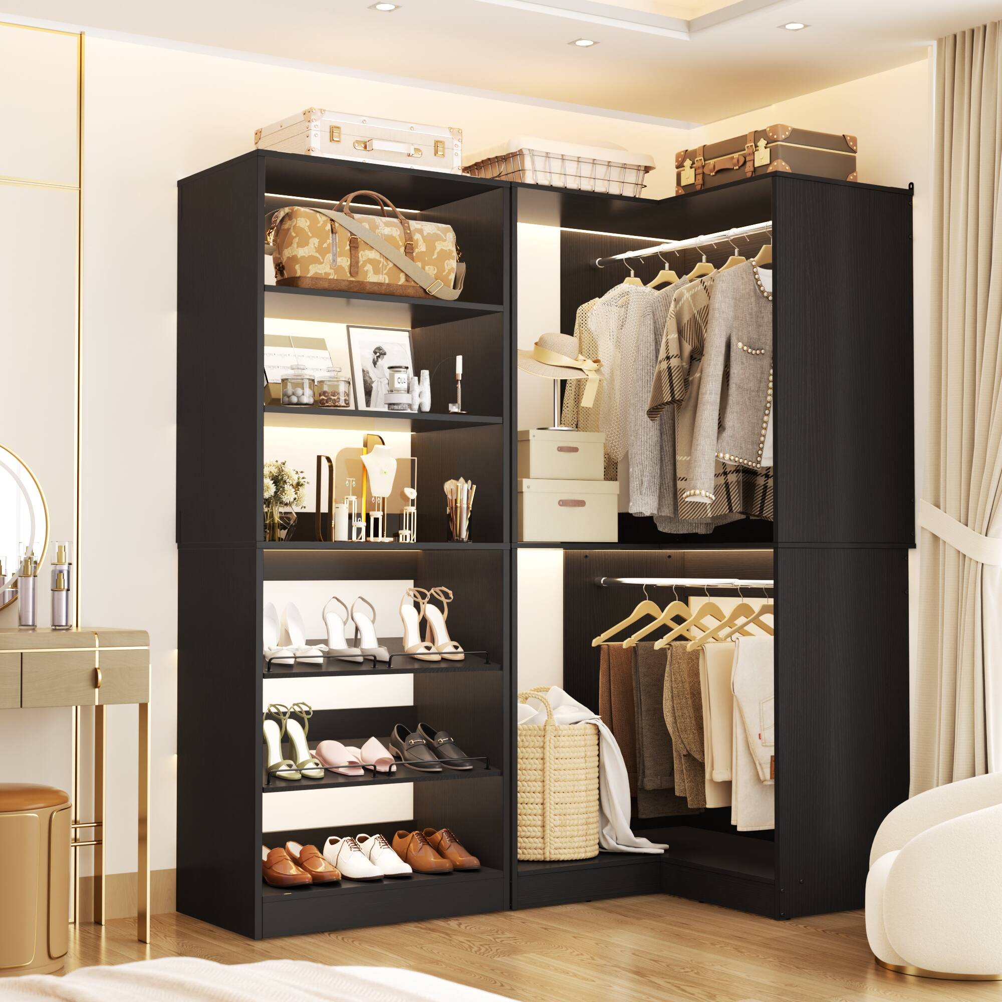 Alt View 3. Aheaplus - Corner Closet System 2-Piece Set, Featuring 2 Hanging Rods, Shoe Racks, and Storage Shelves, 1200 LBS Capacity - Black.