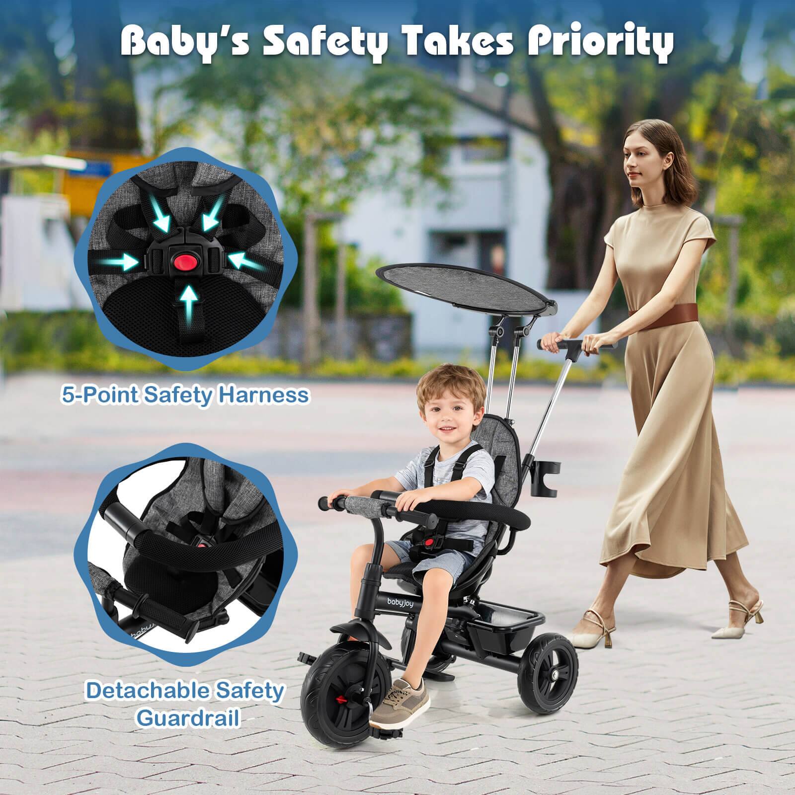 Baby's Safety Takes Priority

5-Point Safety Harness

Detachable Safety Guardrail