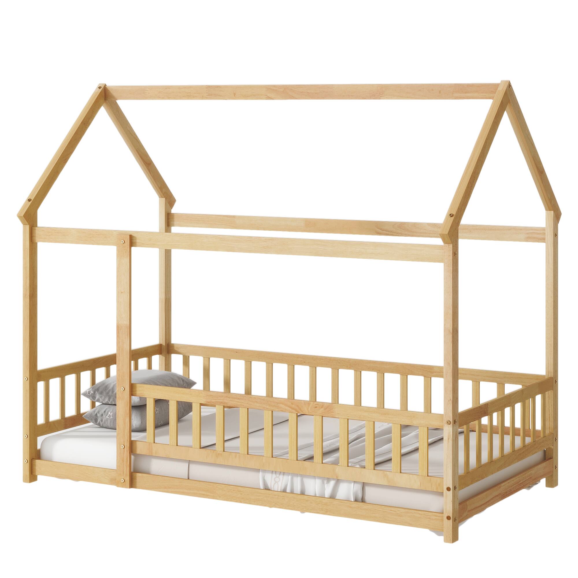 Alt View 4. Tiramisubest - Twin Size House Floor Wooden Bed with Roof Frame,Safety Guardrails,Natural - Natural.