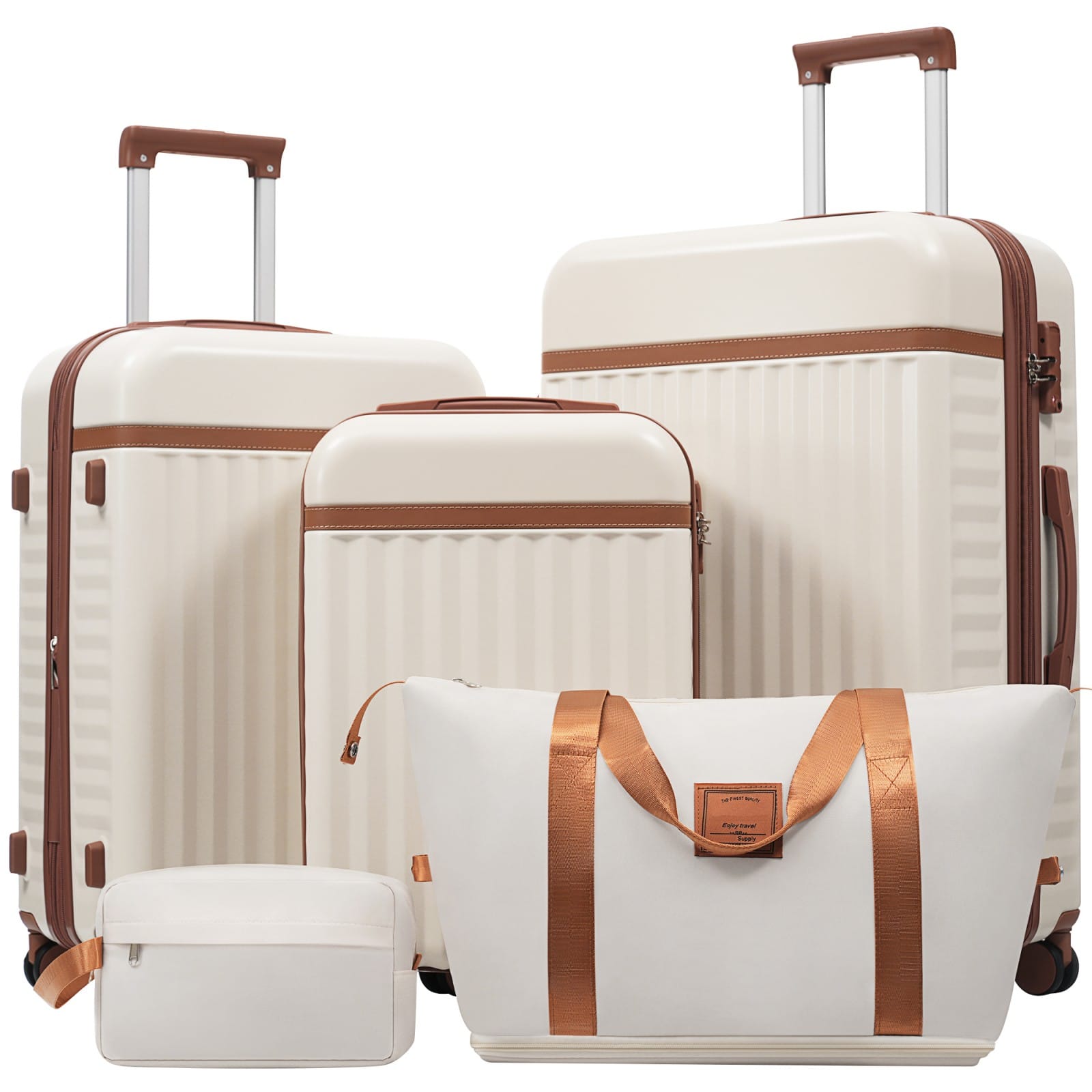 Front. Ecooso - Luggage Set 5 Piece, Hardside Carry on Suitcase , Expandable Luggage with Travel Bags Spinner Wheels TSA Lock - Brown+White.