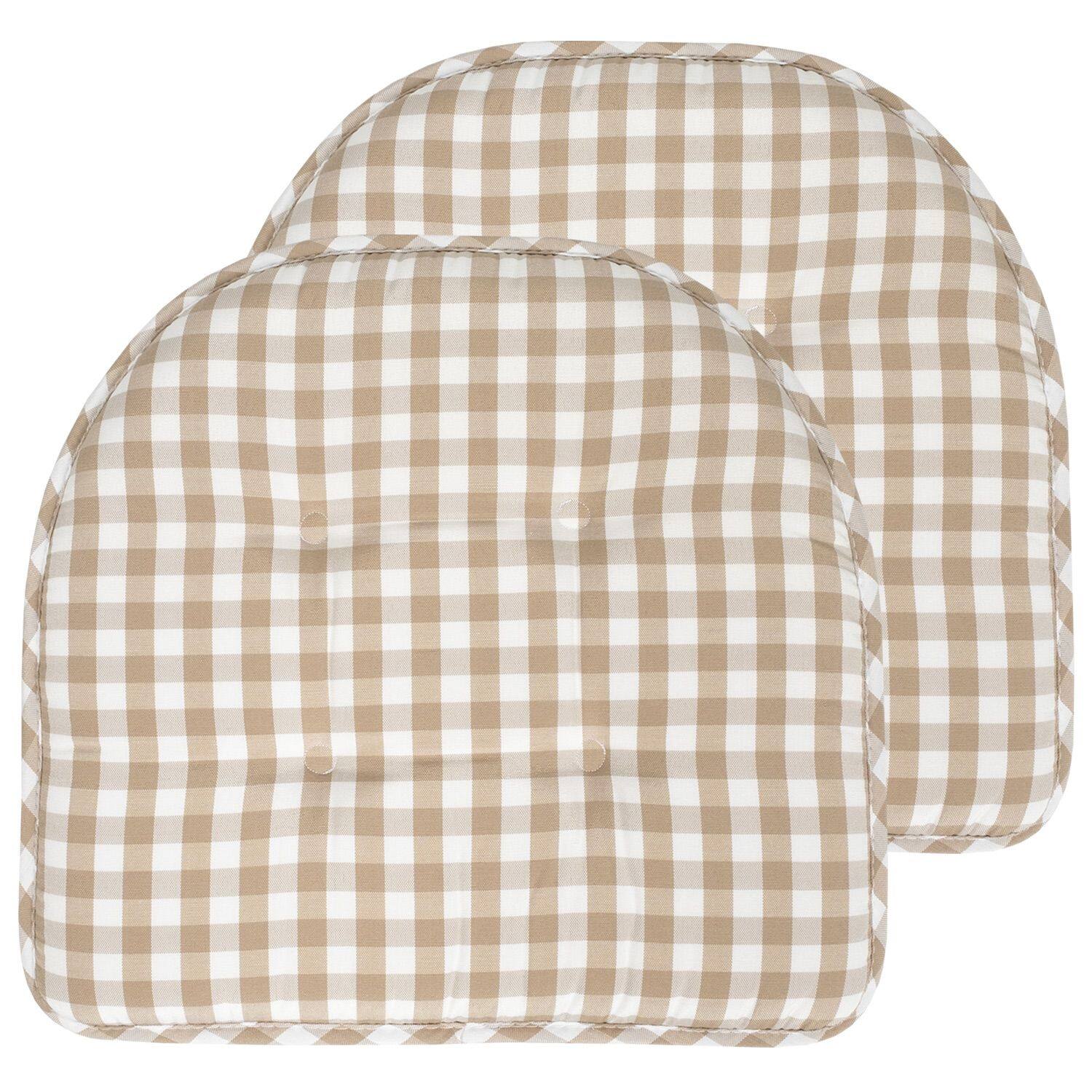 Front. Sweet Home Collection - Checkered Buffalo Check U Shaped Memory Foam 17" x 16" Chair Cushions, 2-Pack - Taupe/White.