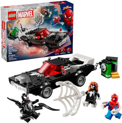 The image features a Lego Marvel set with various action figures and vehicles. The set includes a Spider-Man car, a Spider-Man motorcycle, and a Spider-Man helicopter. The action figures are posed in different positions, with some standing and others sitting. The overall scene is a fun and engaging display of the Lego Marvel set.