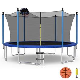 Gymax - 14FT Recreational Trampoline w/ Inner Enclosure Net Basketball Hoop Ladder - Black