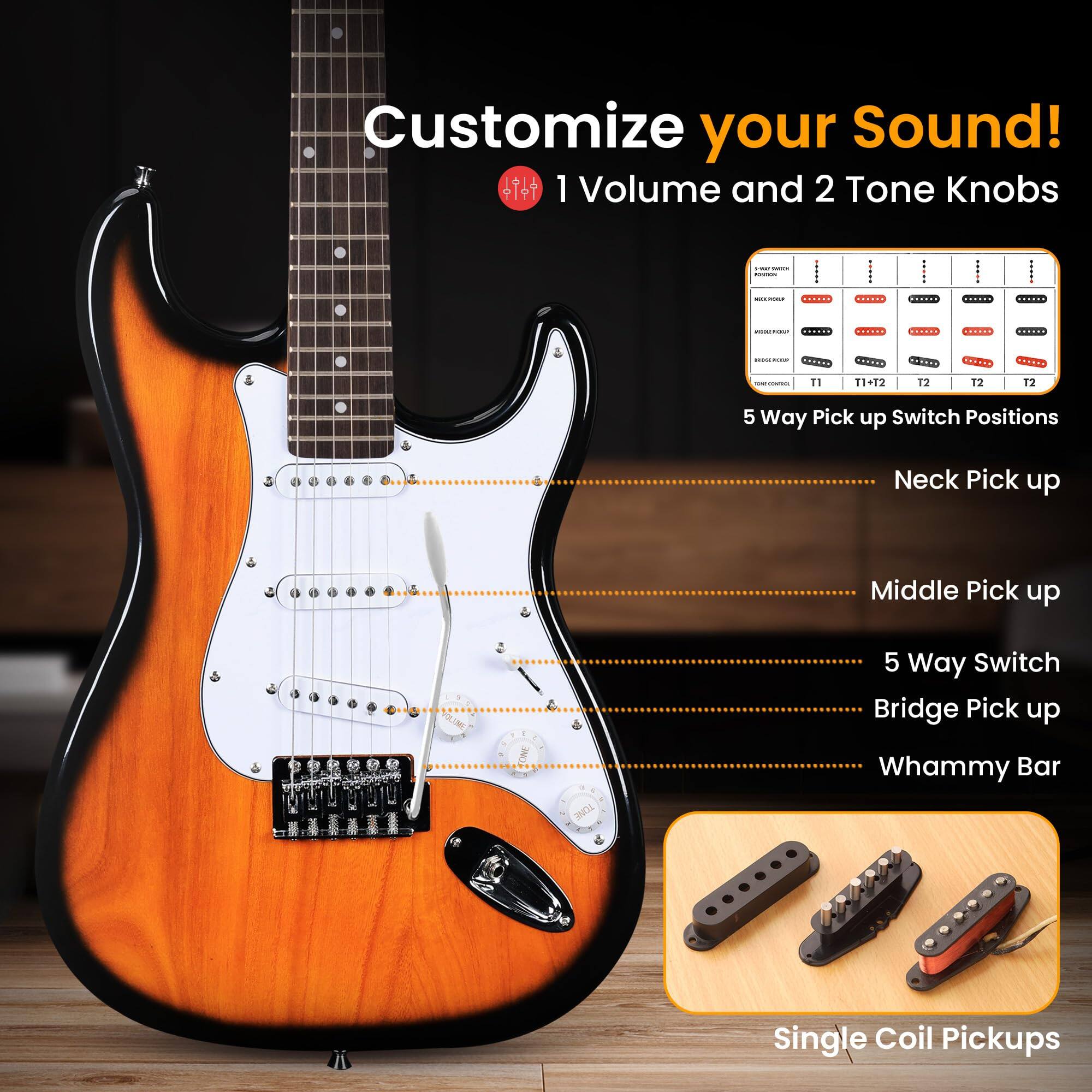Customize your Sound!  
1 Volume and 2 Tone Knobs  

5 Way Pick up Switch Positions  
Neck Pick up  
Middle Pick up  
Bridge Pick up  

RAKLL Whammy Bar  
Single Coil Pickups