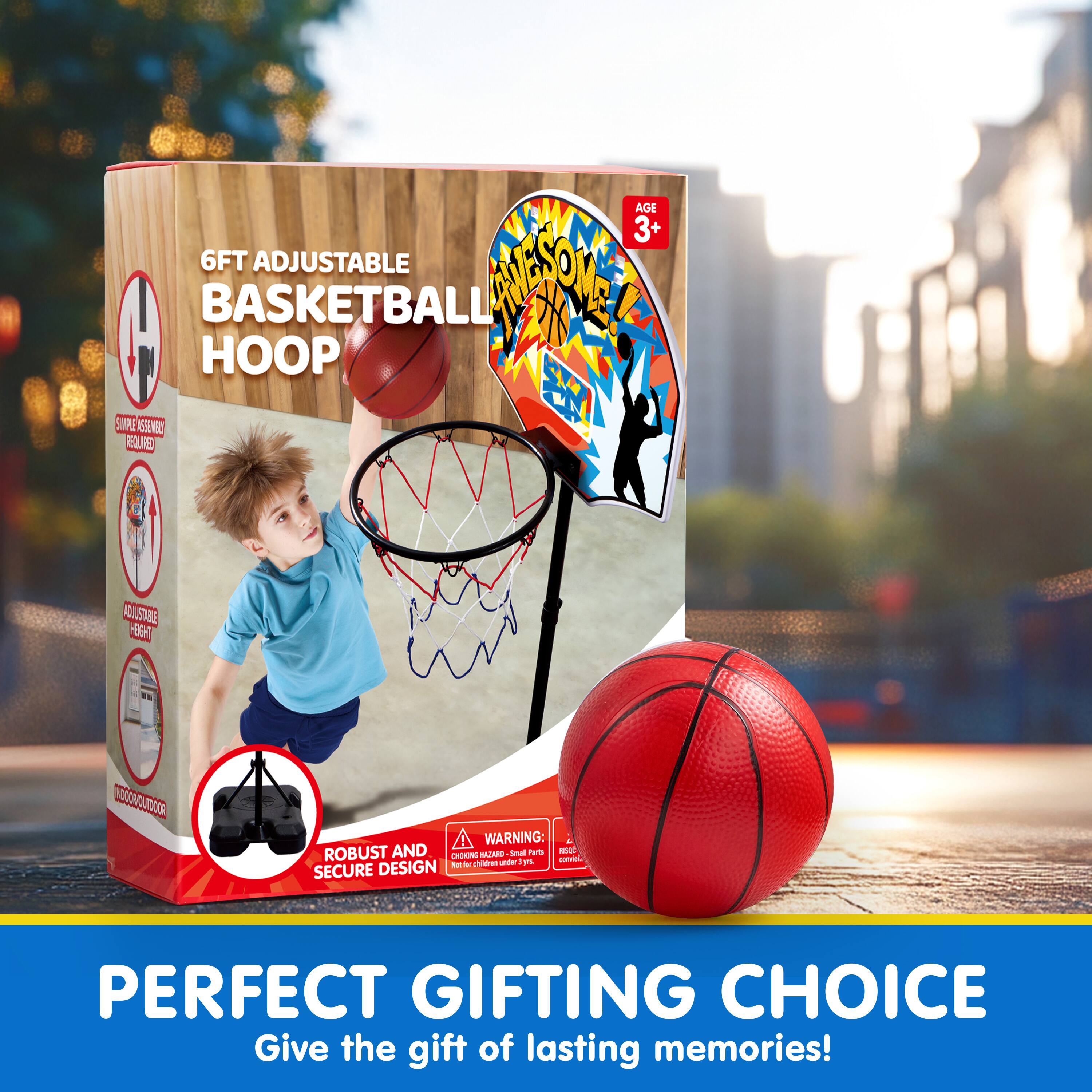 6FT ADJUSTABLE BASKETBALL HOOP AGE 3+  
SMPE A EURE a SOA.SAE HEGHT I GCOROUITICO UCOR  
WARNING: + ROBUST AND SAZANO snal tuT -OGE LS cnL - - ahddar - P  
SECURE DESIGN  
PERFECT GIFTING CHOICE  
Give the gift of lasting memories!