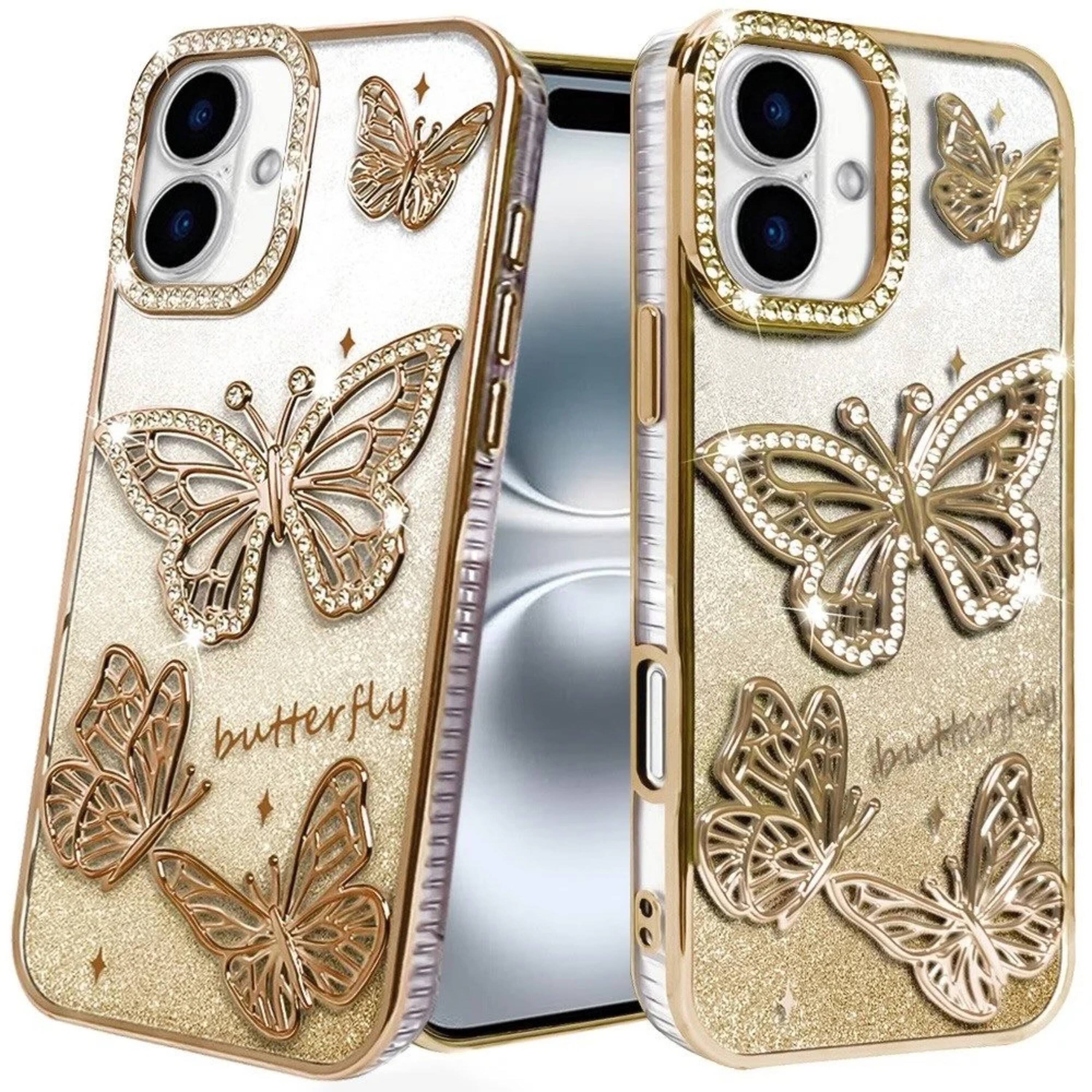 Front. Kitcheniva - Rhinestone Butterfly Protective Phone Case For iPhone 16 6.1 Inch Gold - Gold.