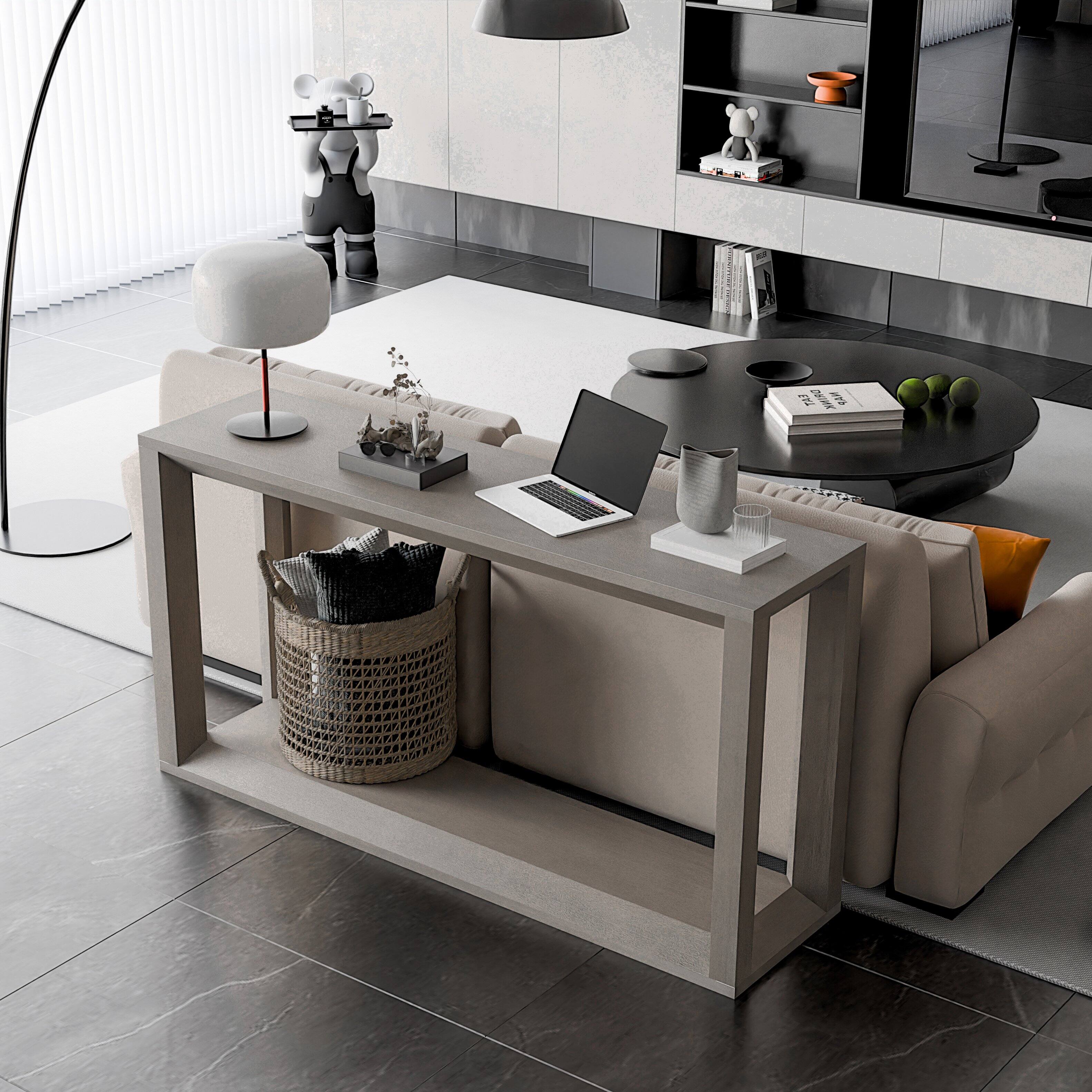 Angle. Loheer - Loheer Console Table, 60 Inch Solid Wood Veneer Sofa Table with Shelf, Distressed Grey Entryway Behind Couch Table - Grey.