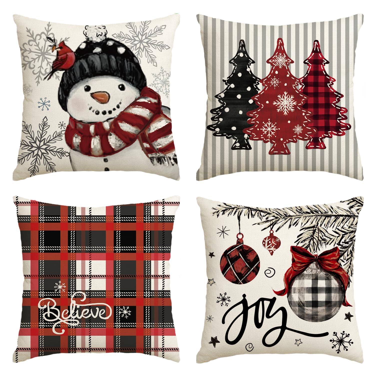 Front. Stylel Star - AVOIN colorlife Winter Snowman Joy Snowflake Christmas Throw Pillow Covers, 18 x 18 Inch Xmas Tree Winter Holiday Buf... - Red&black.