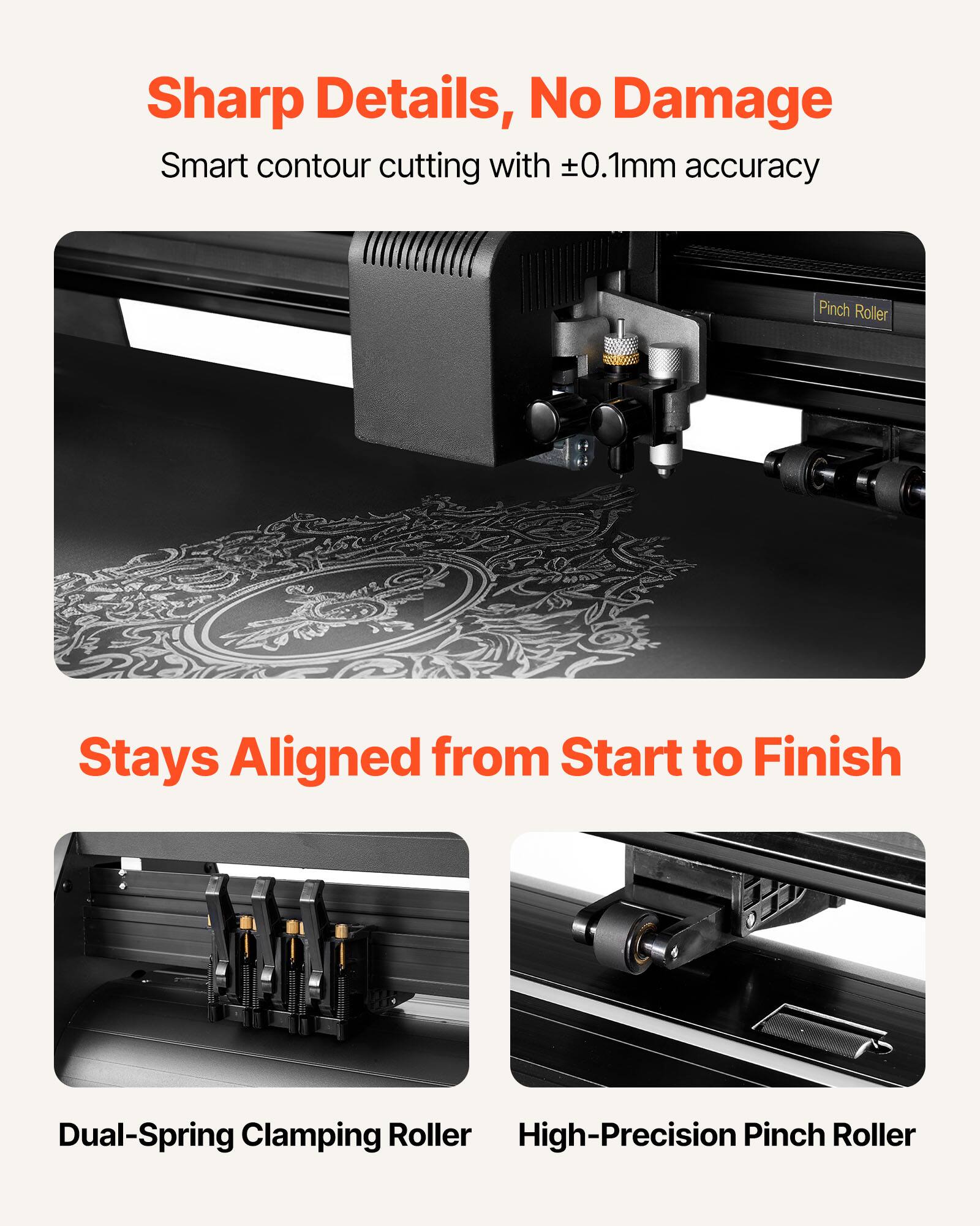 Sharp Details, No Damage  
Smart contour cutting with ±0.1mm accuracy  

Stays Aligned from Start to Finish  
Dual-Spring Clamping Roller  
High-Precision Pinch Roller