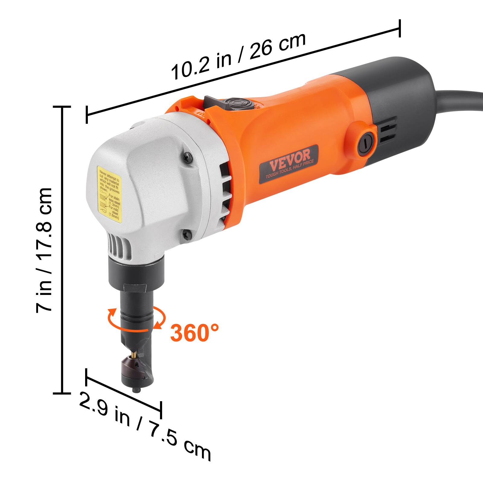 / 26 cm 10.2 in  
cm 7 in / 17.8  
News 04 any attempt to net stain 0. thai mad Red (1.8mm) 2.9 in  
360 5 cm  
TOUGH VEVOR TOOLS, HALF PRICE
