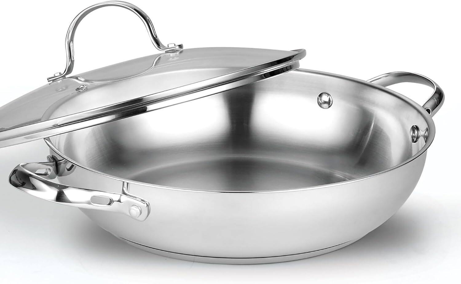 Front. Cooks Standard - Classic 12'' S/S Wok Stir FryPan W/Glass Lid, 30cm Chef's Pan W/2 Side Handles, Induction,Dishwasher & Oven Safe - stainless steel.