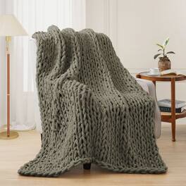 Peace Nest - Handmade Chunky Knit Chenille Yarn Throw Blanket 50"x60" - Sage Green