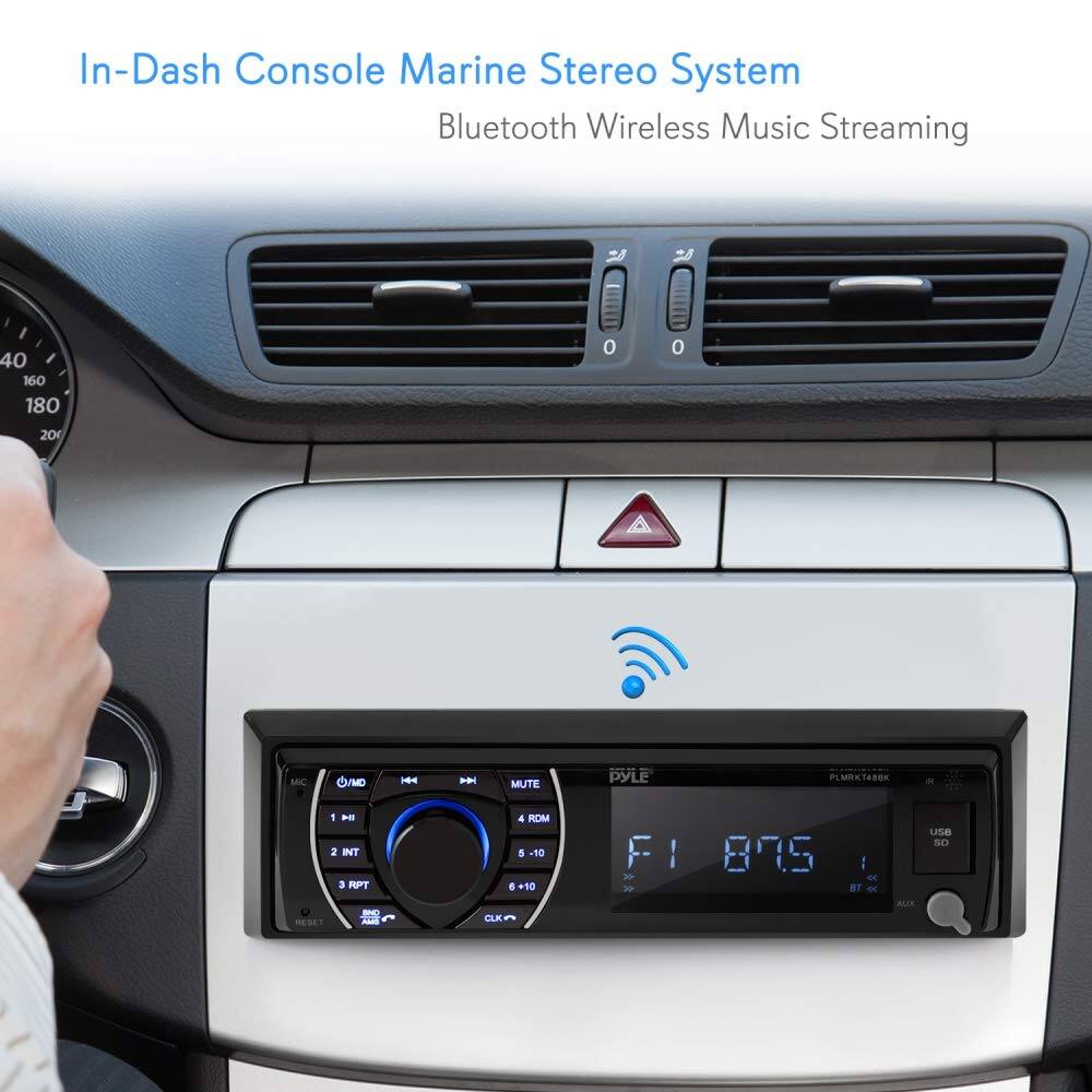 In-Dash Console Marine Stereo System Bluetooth Wireless Music Streaming

PYLE PLMRKT488K

1 INT 2 INT 3 RPT 4 RDM 5 -10 6 +10 7 -89.5 8T

USB SD

MUTE

MIC

J/MODE

RPT

RDM

CLK

F1 87.5