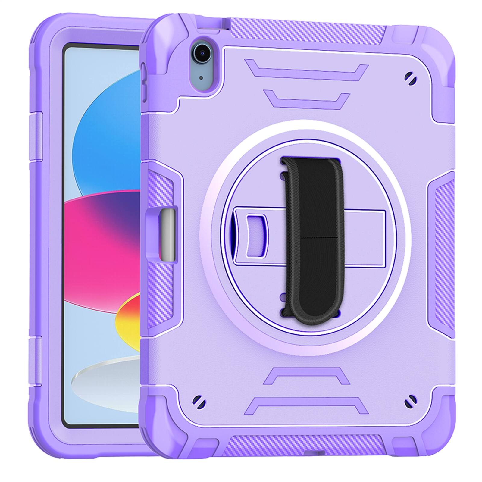 Angle. Dteck - Shockproof Case for Apple iPad (10th Generation) 10.9" 2022 with Shoulder Hand Strap, Rugged Cover with Rotating Stand - Purple.