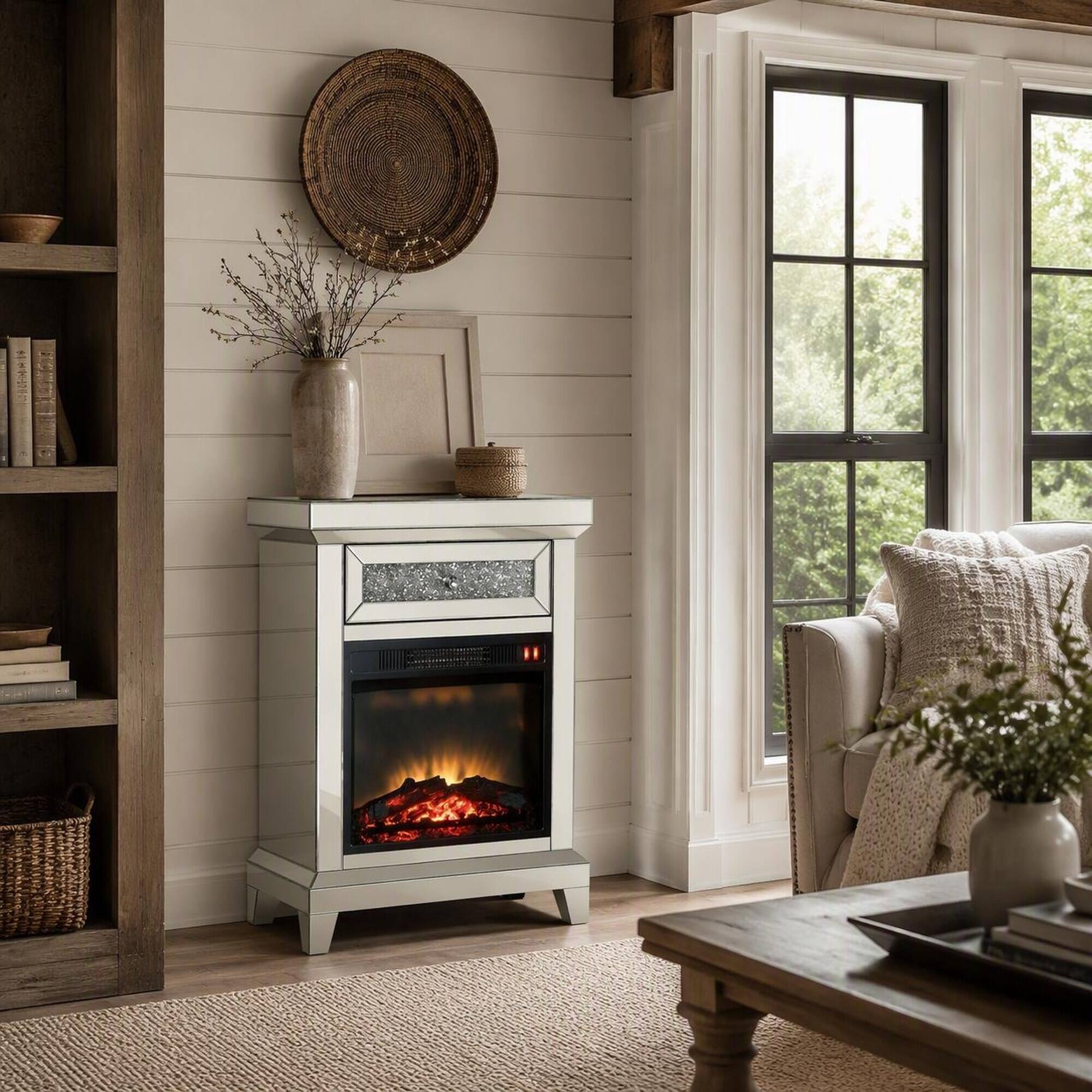 Angle. RYHNUYNE - Noralie Mirrored Electric Fireplace with Faux Diamond Accents, Remote & Touch Controls, 1400W Heater - Silver.
