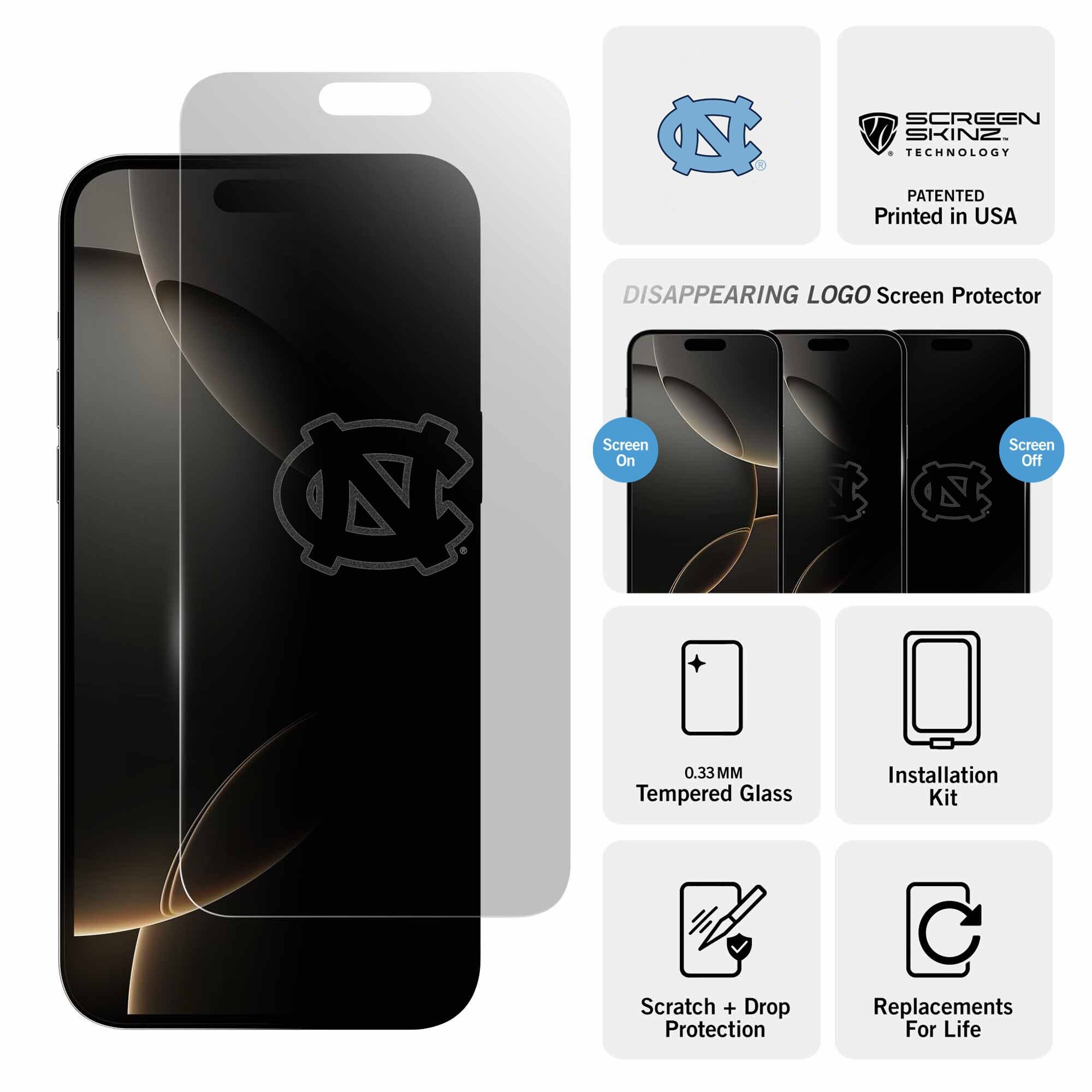 SCREEN SKINZ TECHNOLOGY  
PATENTED  
Printed in USA  

DISAPPEARING LOGO Screen Protector  

Screen On  
Screen Off  

0.33MM Tempered Glass  
Installation Kit  
Scratch + Drop Protection  
Replacements For Life