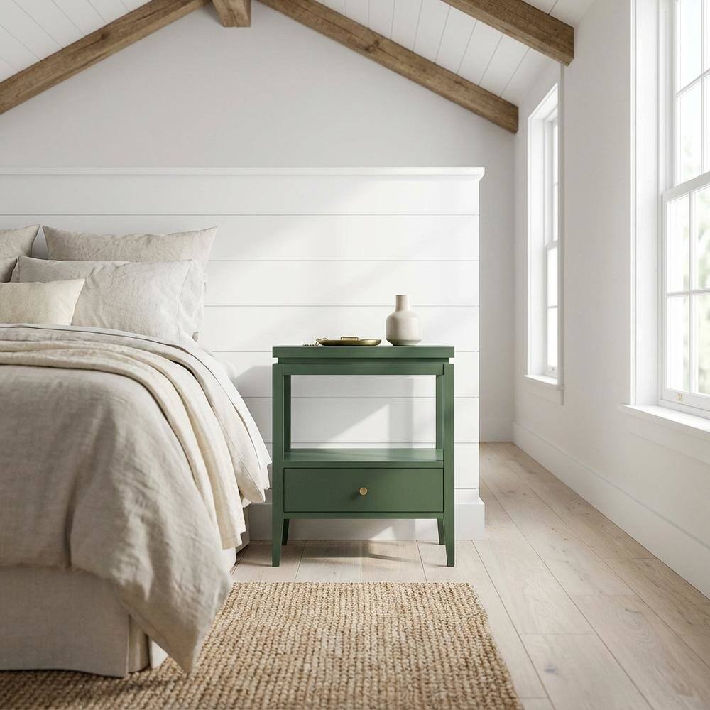Angle. FurniFact - Evening Stand with Single Drawer and Gold Hardware for Casual or Farmhouse Decor - Green.