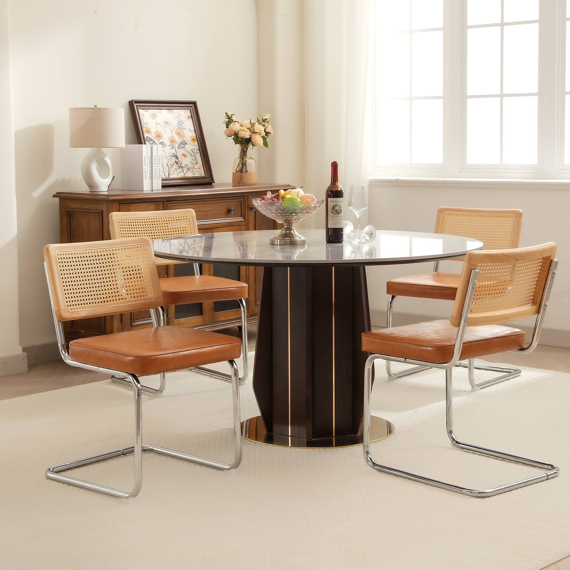 Alt View 5. KERDOM - 2 Pcs Natural Rattan Dining Chairs, PU Leather Seat Cane Back Corner Chair, Cantilever Garden Patio Chair, Cesca Style - Brown.
