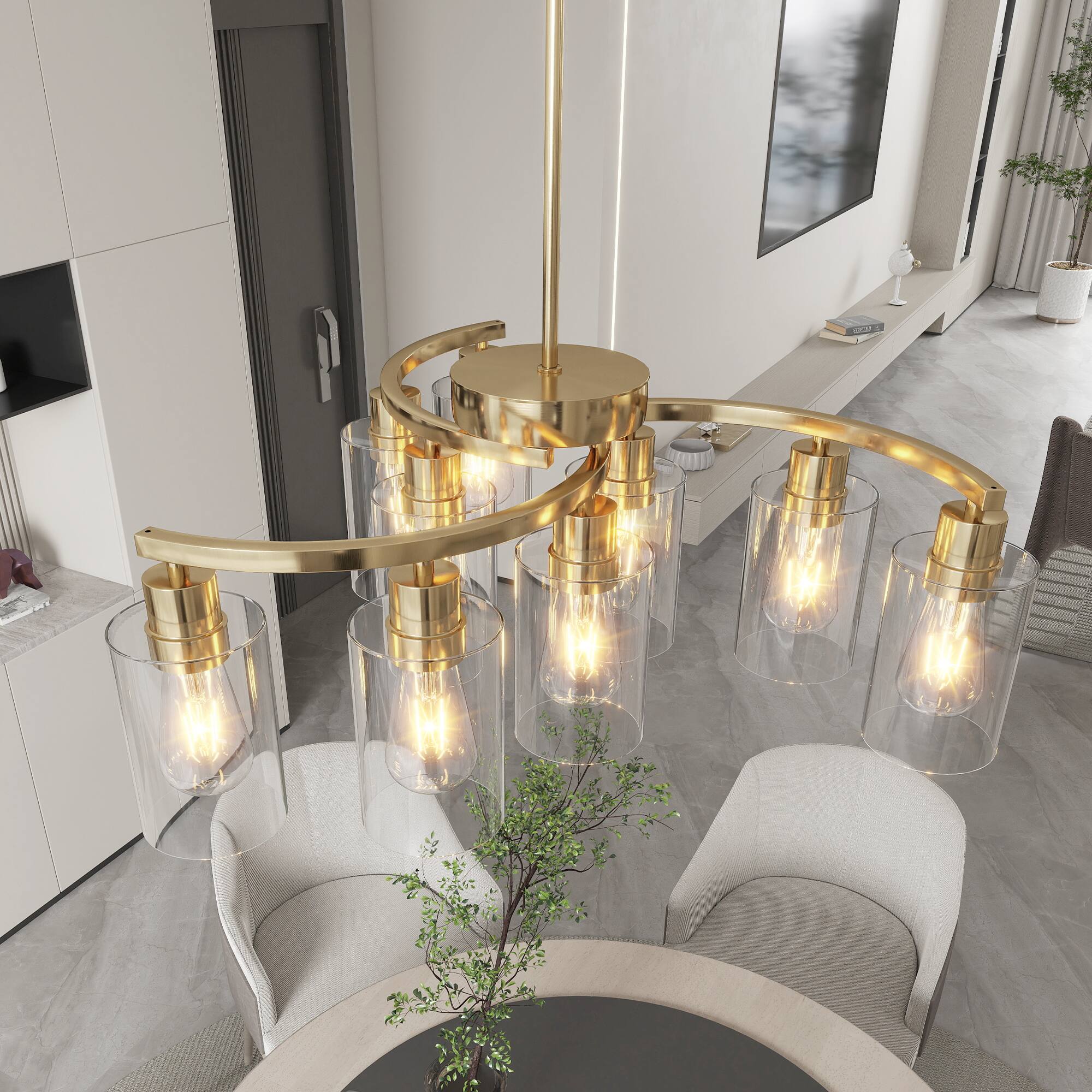 Left. APRILSOUL - 9-Light Gold Glass Chandelier Adjustable Height Dining Room Light Fixtures Over Table Contemporary Hanging Chandelier.